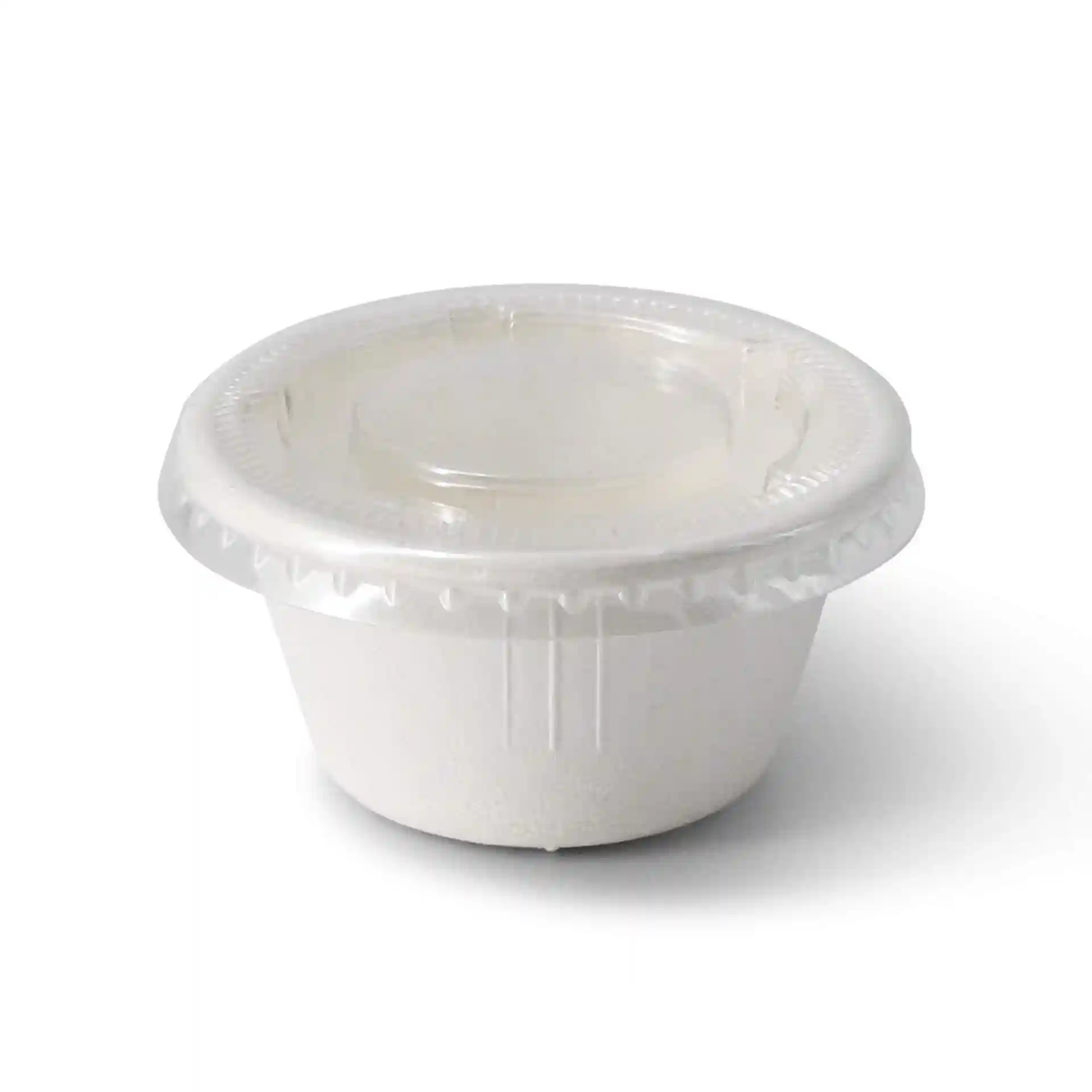 Bol à dip en bagasse blanc avec couvercle transparent, 62 mm de diamètre et 32 mm de hauteur.
