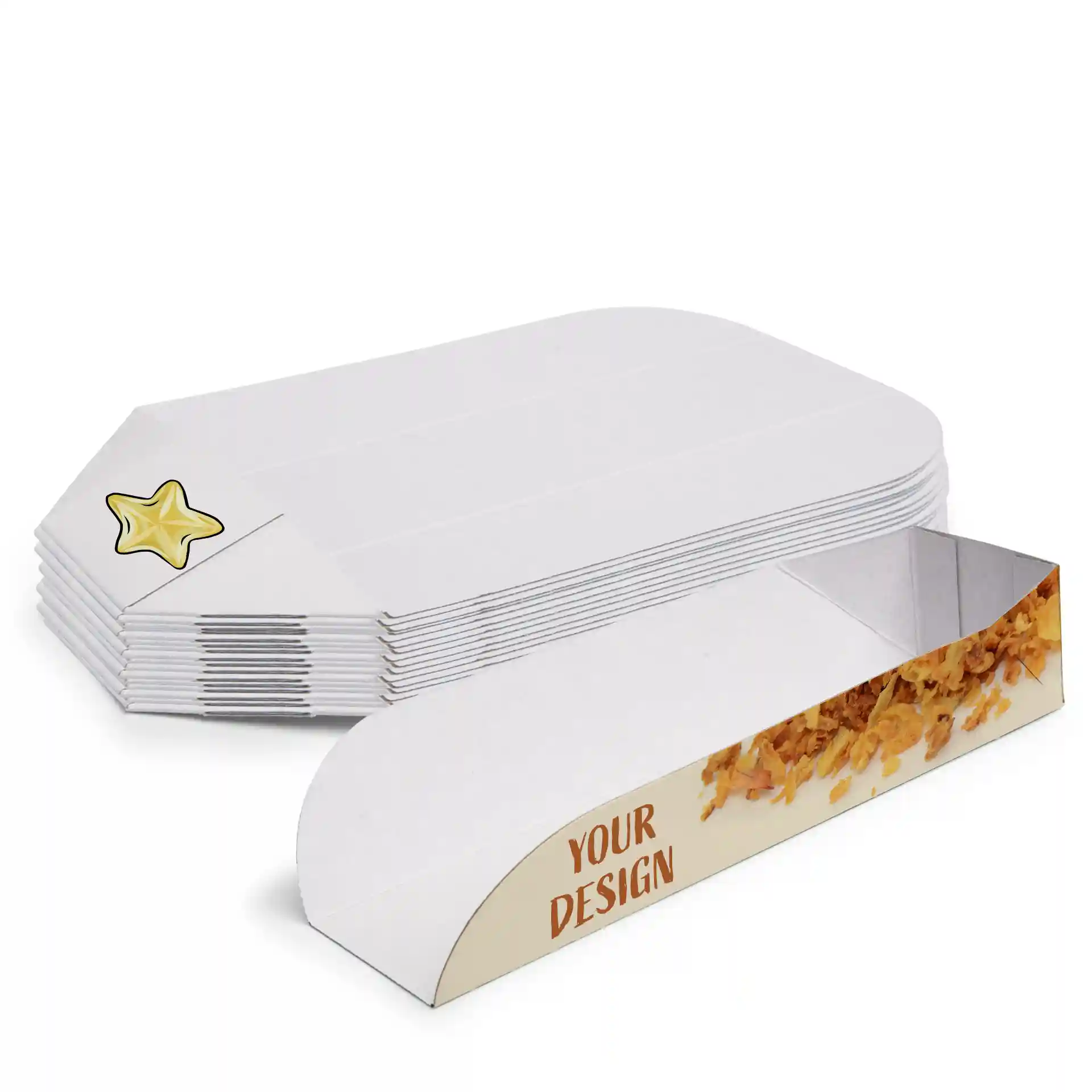 Emballage de hot-dog blanc avec un motif d'étoile à une extrémité et une zone personnalisable sur le côté.