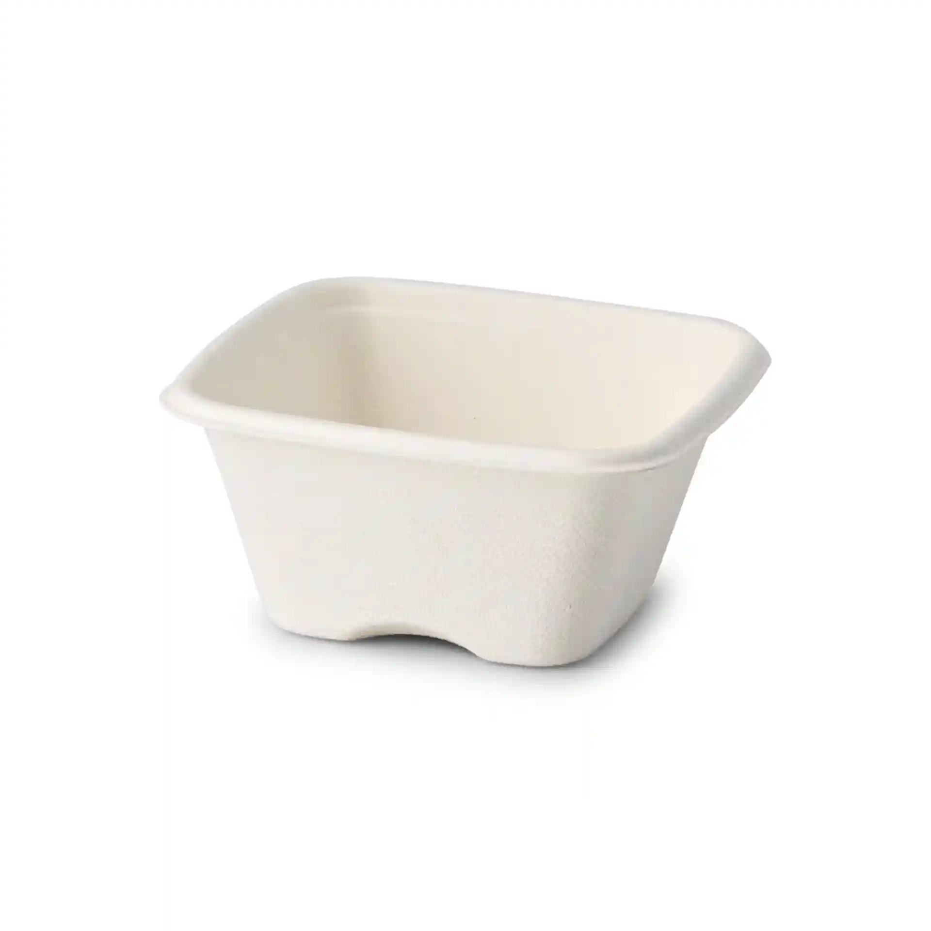 Gobelet portion en bagasse blanc, 100 ml, mesurant 81 x 81 x 37 mm, avec une surface texturée.