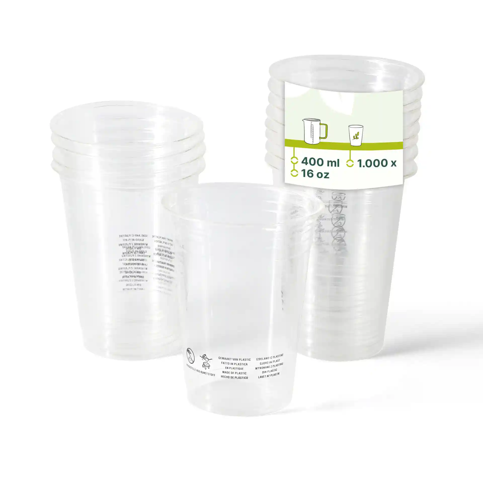 Gobelets en plastique PLA transparents empilés, avec une étiquette indiquant une capacité de 400 ml et 16 oz, comportant des marquages imprimés sur la surface.