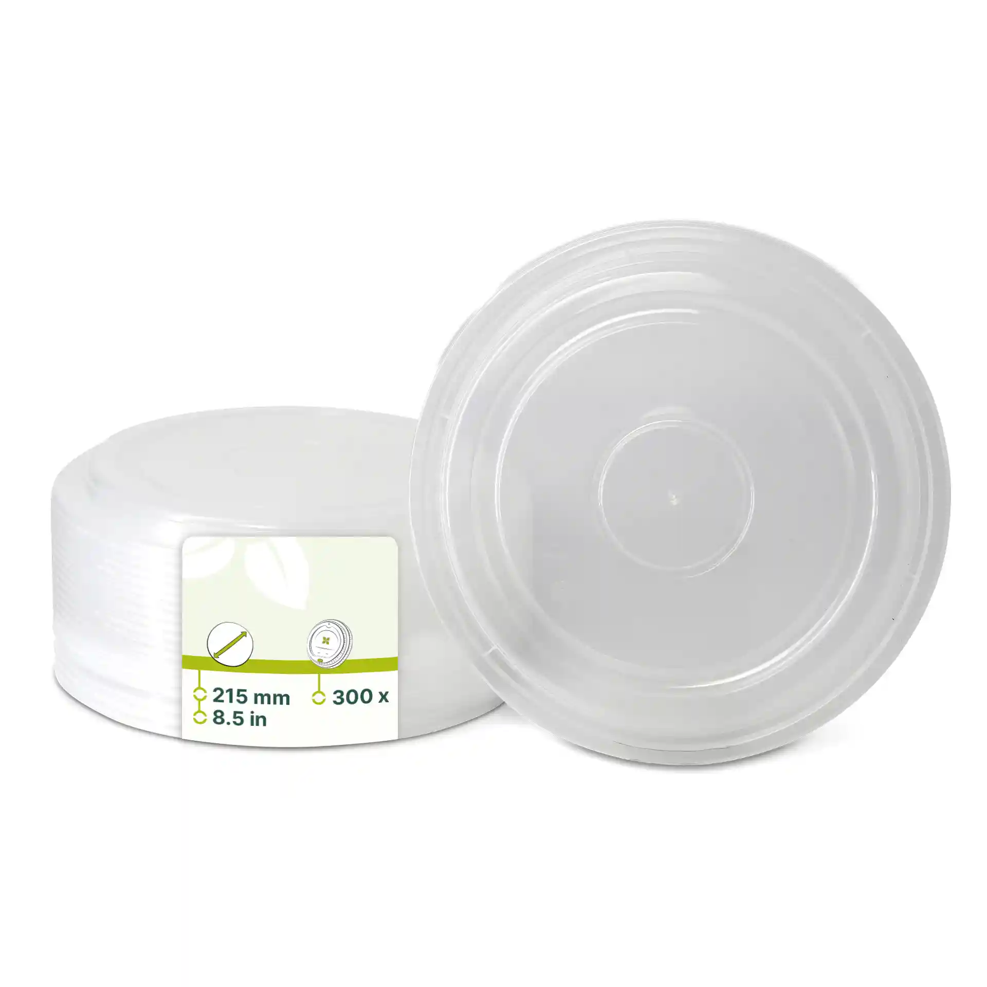 Couvercle rond transparent réutilisable en PP, diamètre de 215 mm, hauteur de 17 mm, présenté empilé.