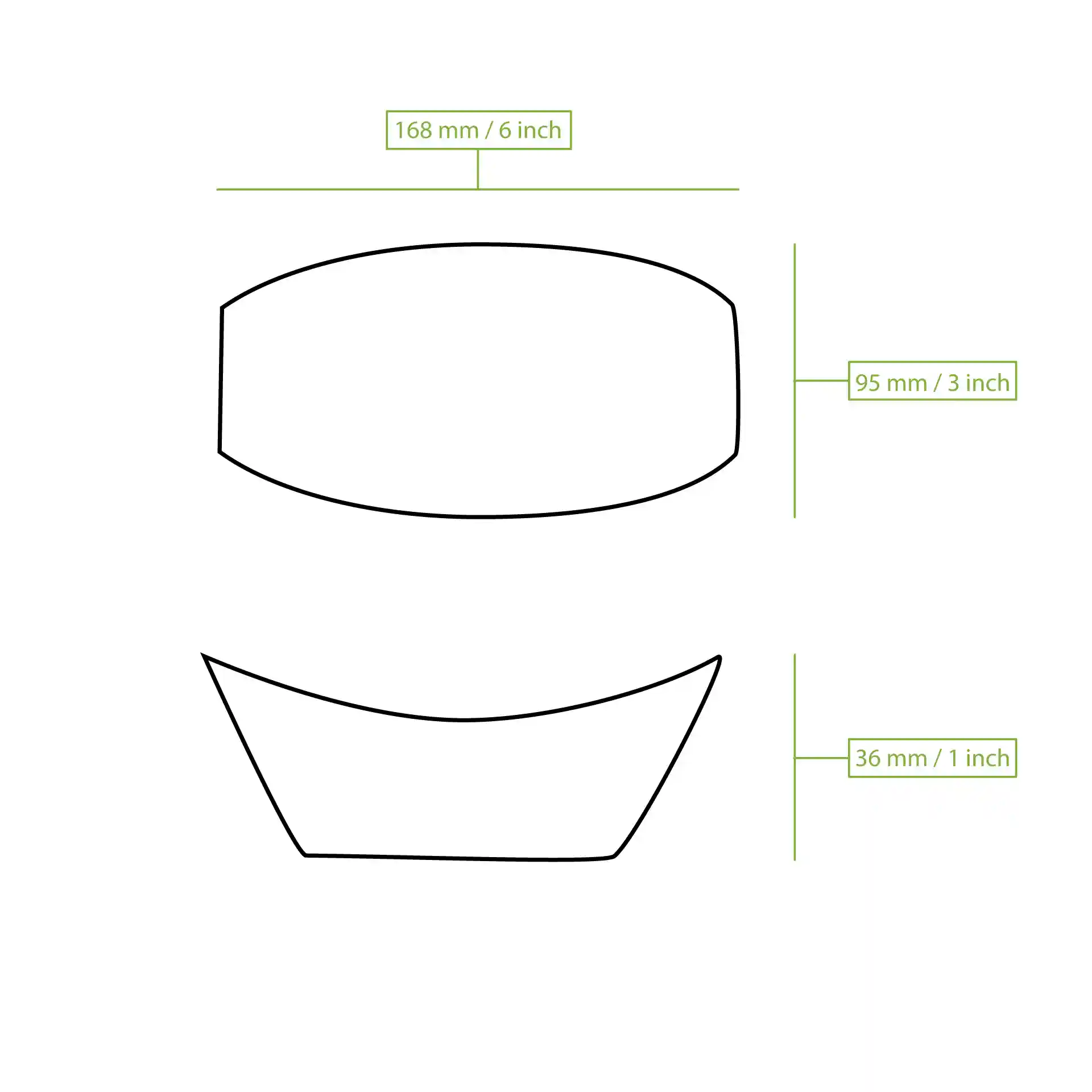 Dessin schématique d'un conteneur en forme de bateau avec des dimensions étiquetées : 170 mm de longueur, 95 mm de largeur et 36 mm de hauteur.
