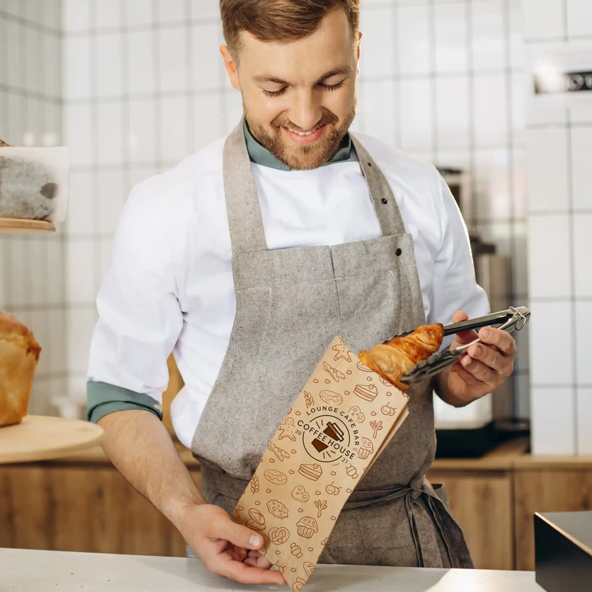 Un homme en tablier tient un sac en papier brun imprimé avec un croissant à l'intérieur, souriant dans un café.