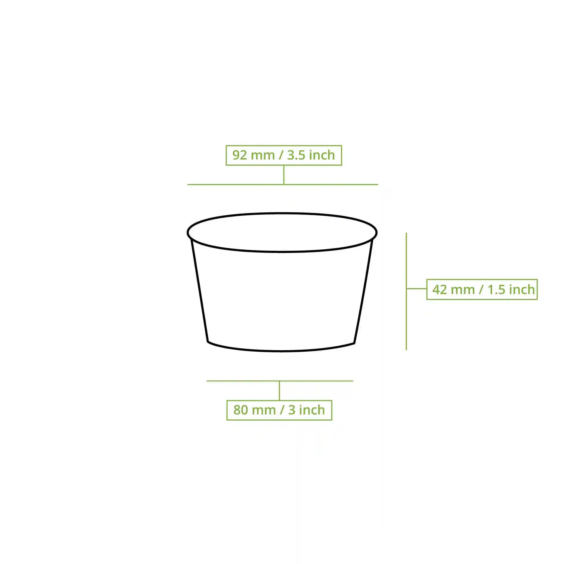 Dessin schématique d'un gobelet en papier rond pour glace avec dimensions : diamètre supérieur 92 mm, hauteur 42 mm, diamètre inférieur 78 mm.