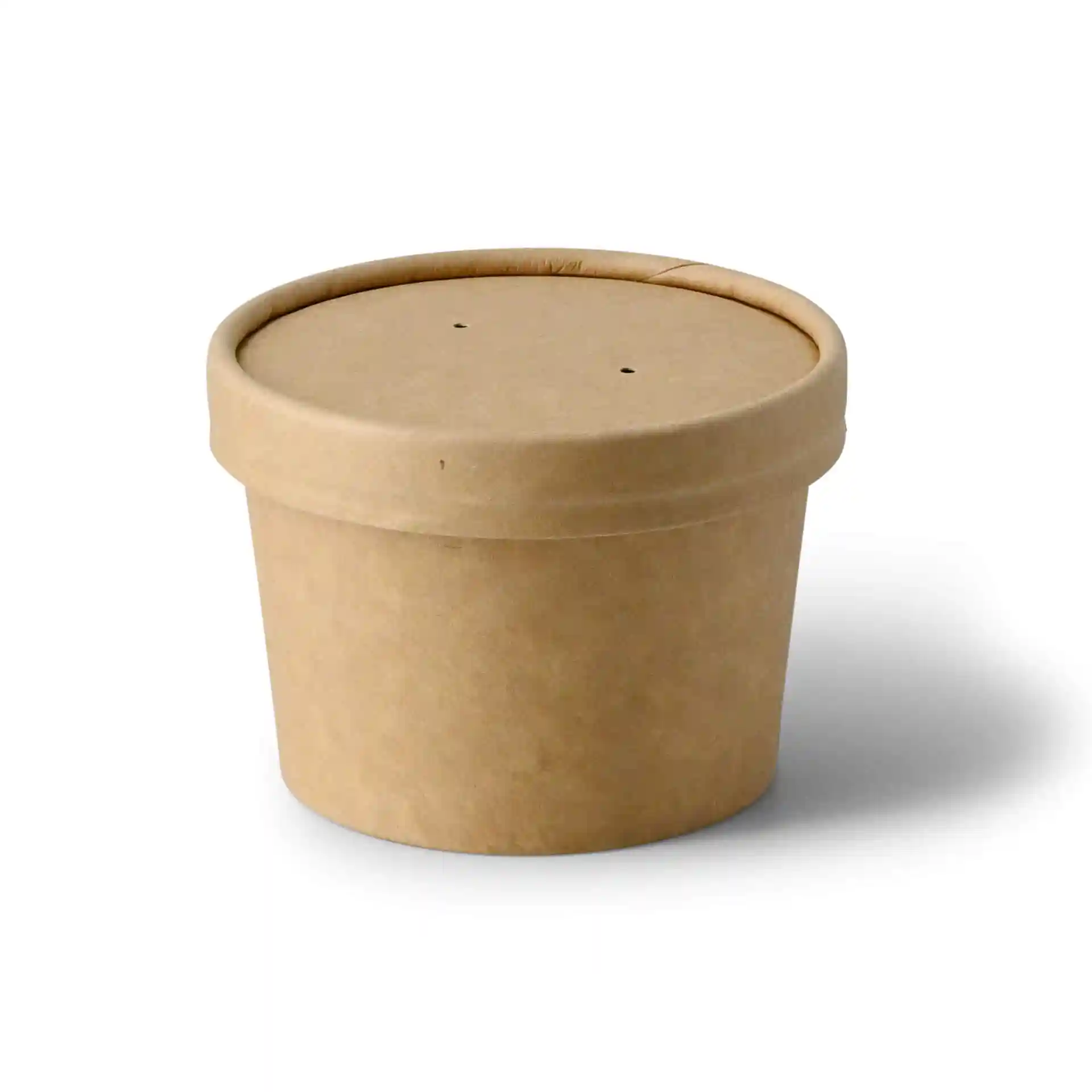 Gobelet en carton brun pour soupe avec couvercle, capacité de 200 ml, forme ronde et revêtement écologique.