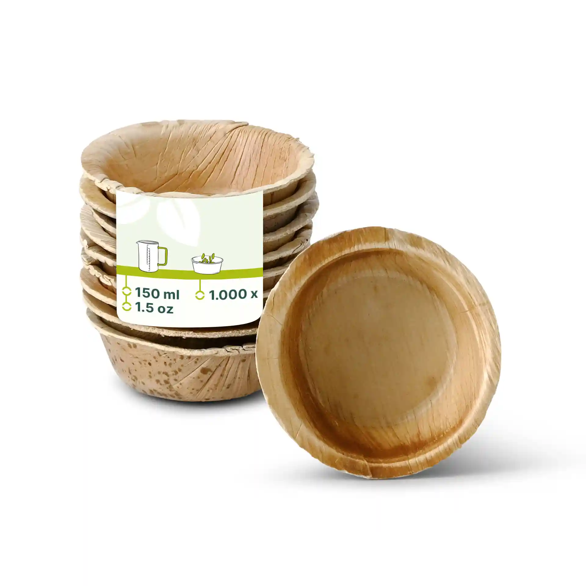 Empilement de bols ronds en feuille de palmier, un bol devant montrant une texture de grain naturel.