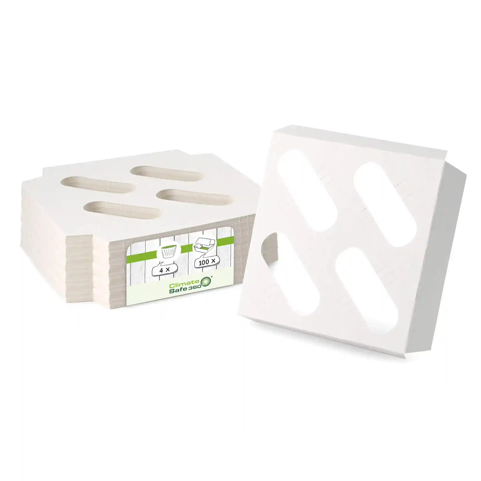 Insert en carton blanc pour boîtes à cupcakes, avec découpes, empilement de quatre pièces visible.