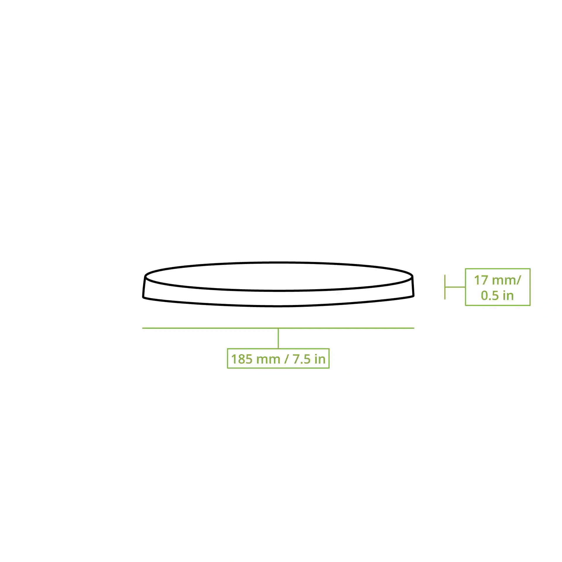 Dessin schématique d'un couvercle rond en carton avec un diamètre de 185 mm et une hauteur de 17 mm.