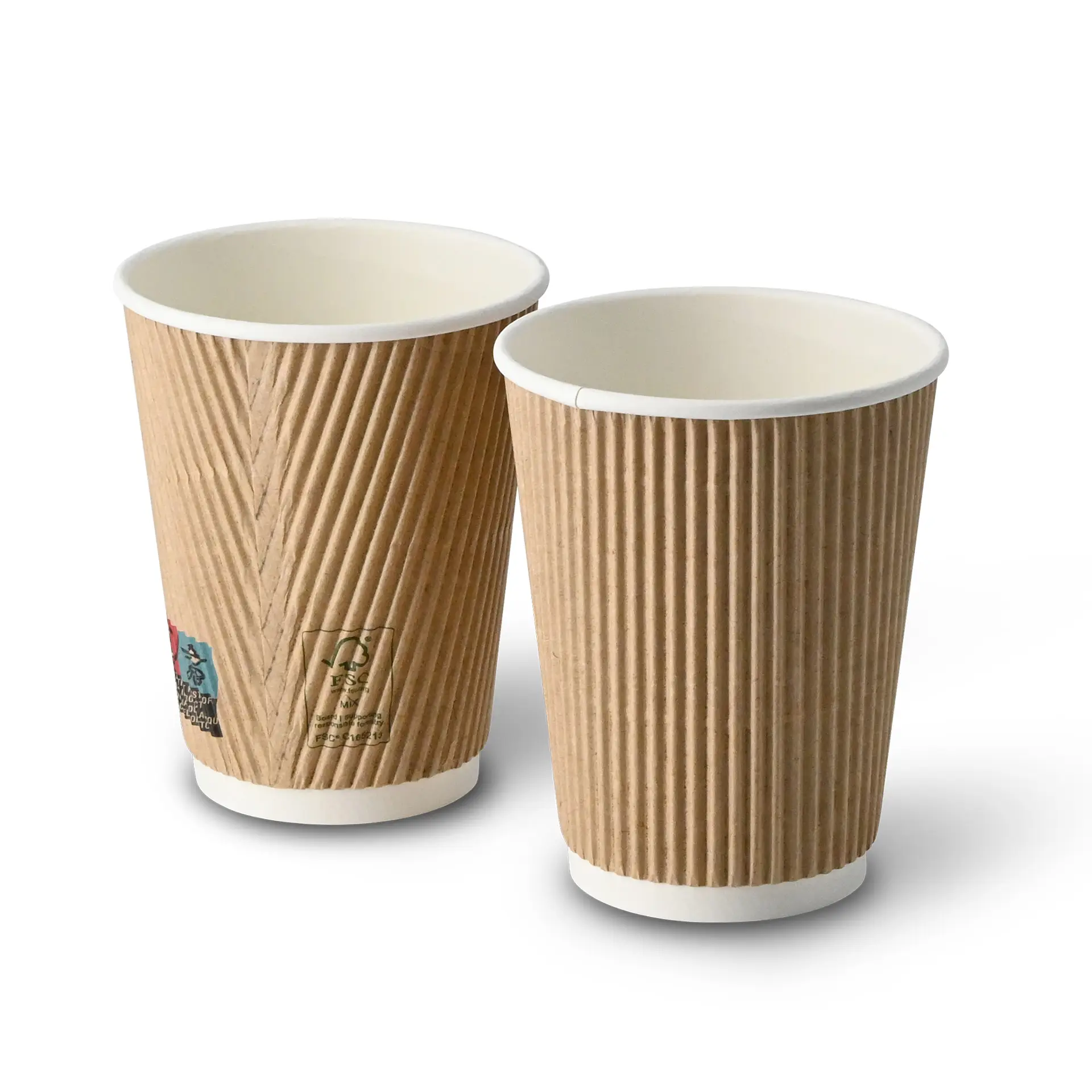Deux tasses à café isolées de 12 oz, extérieur marron et intérieur blanc, adaptées aux boissons chaudes, affichées ensemble.