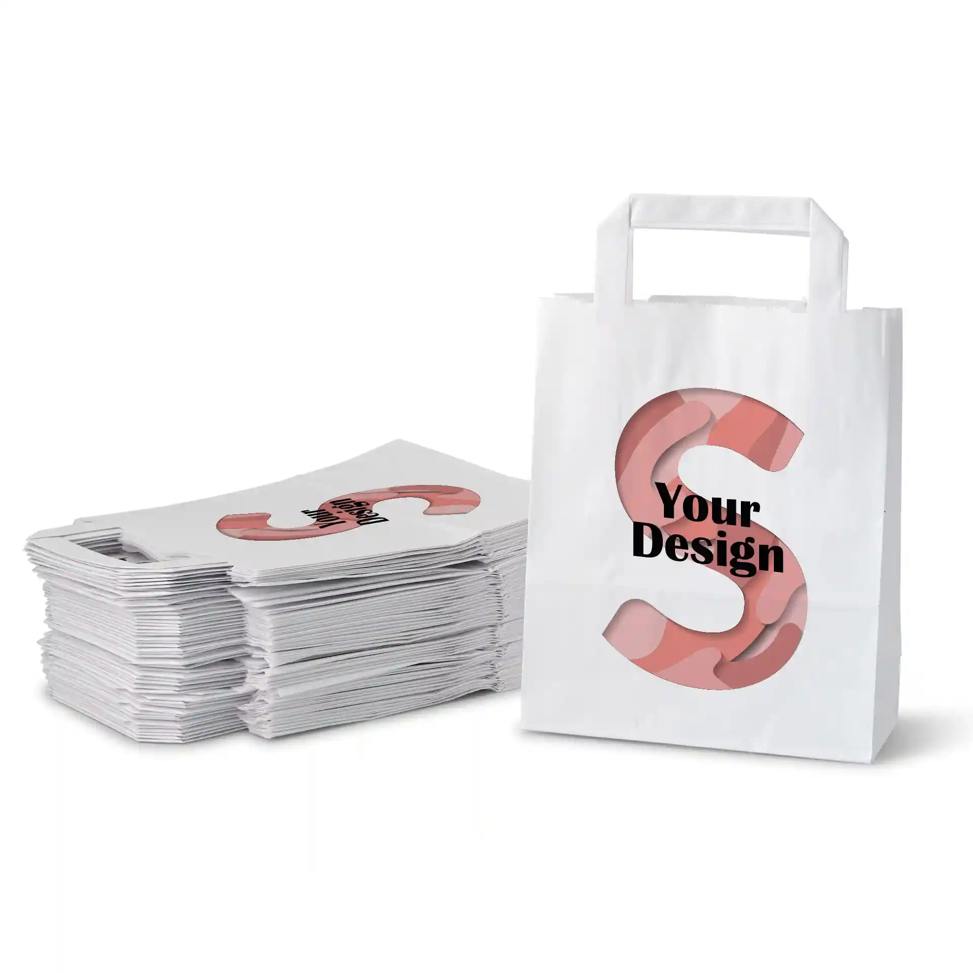 Sac en papier blanc de forme rectangulaire, avec un design comportant la lettre 'S' et le texte 'Votre Design'.