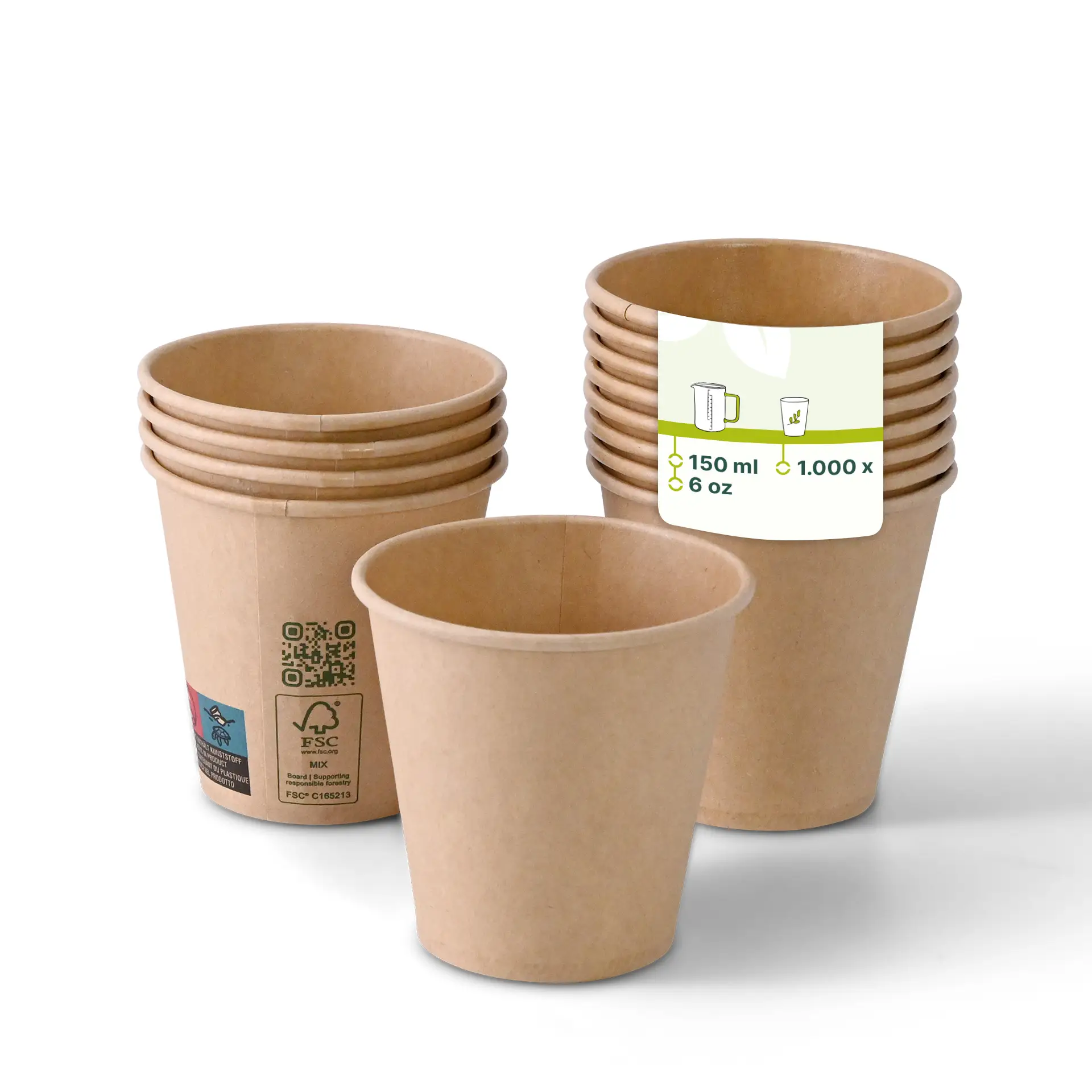 Un gobelet en papier marron (150 ml / 6 oz) au premier plan; plusieurs gobelets similaires empilés avec opacité réduite derrière.