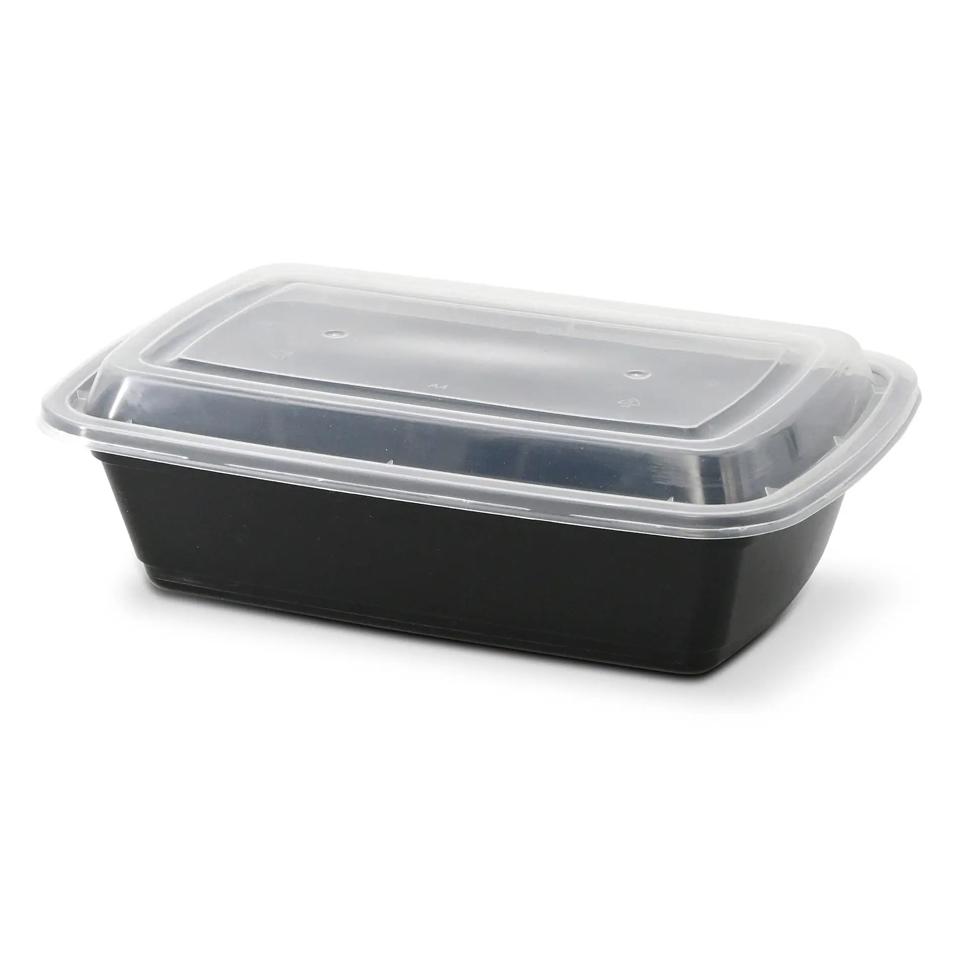 Conteneur alimentaire rectangulaire noir réutilisable avec un couvercle transparent ; convient pour les plats chauds et froids, passe au micro-ondes et au lave-vaisselle.