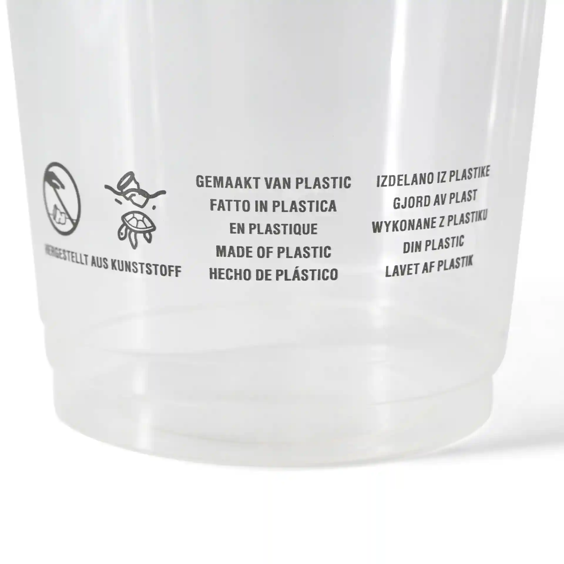 Gobelet en plastique transparent avec texte multilingue indiquant qu'il est en plastique, avec un symbole d'interdiction et un graphique d'insecte.