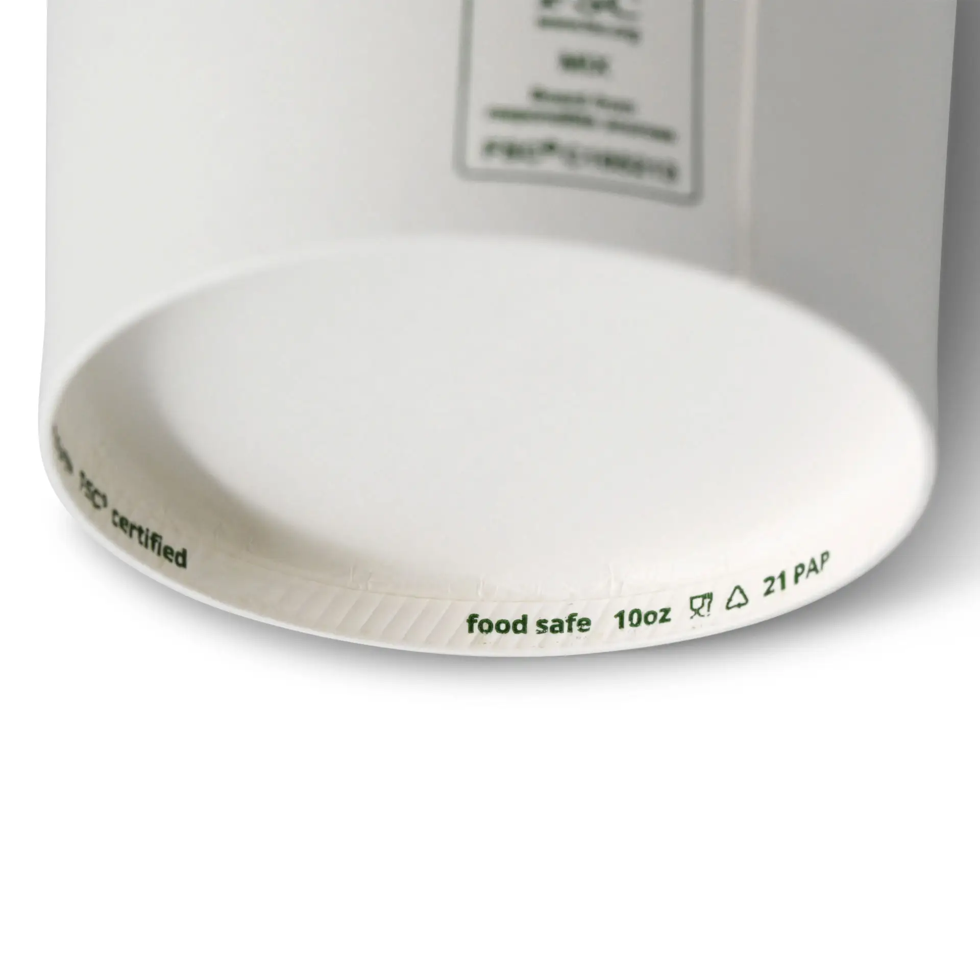 Seau à glace en papier blanc, capacité de 10 oz, avec marquages pour la compostabilité, la sécurité alimentaire et la certification FSC.