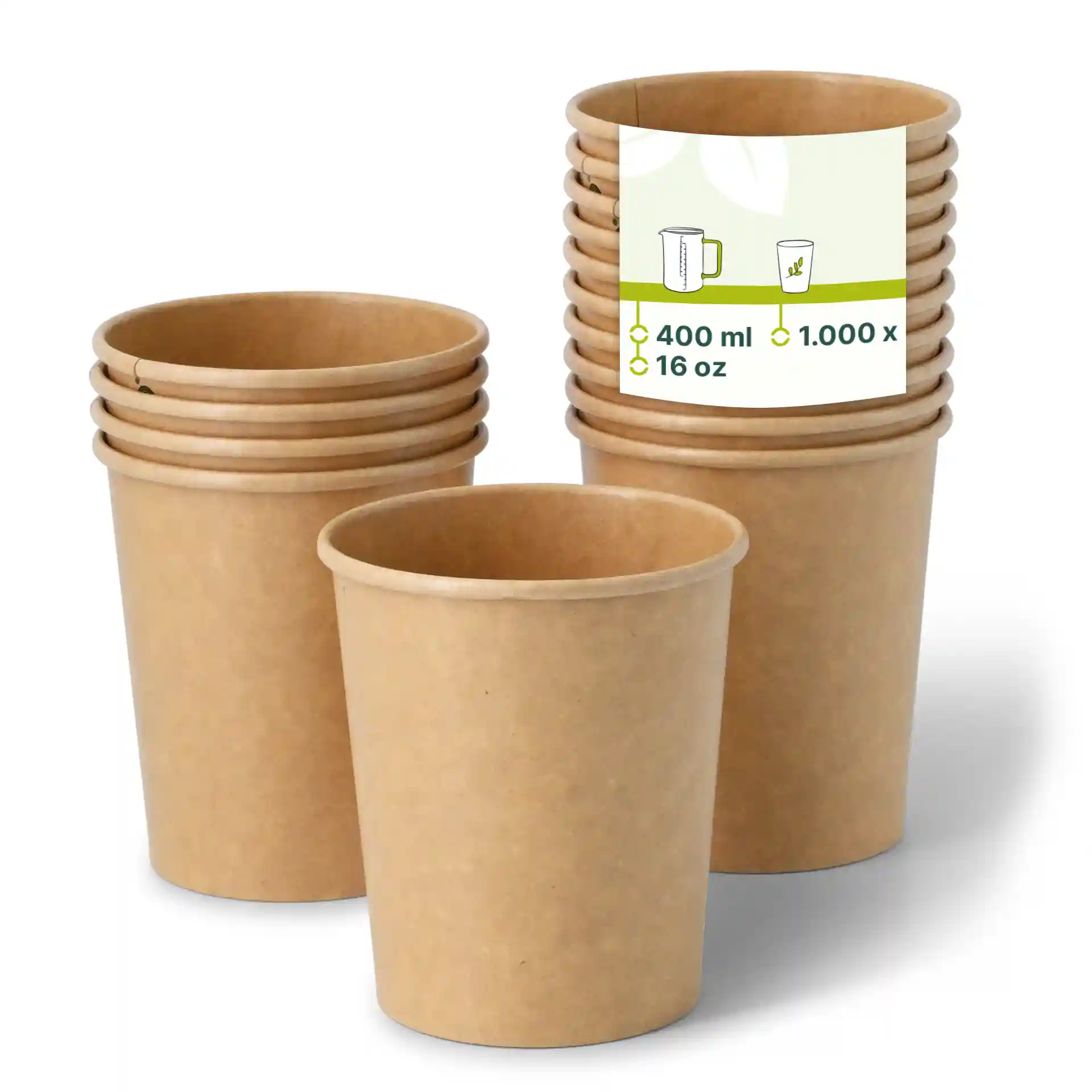 Gobelets en papier marron empilés, avec un gobelet devant et une étiquette indiquant une capacité de 400 ml et 16 oz.