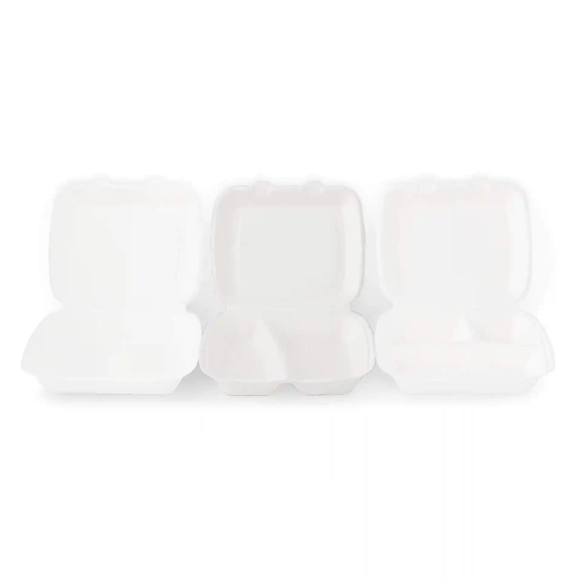 Image de trois contenants de menu en canne à sucre blancs avec des couvercles à charnière, chacun ayant deux compartiments et une forme rectangulaire.