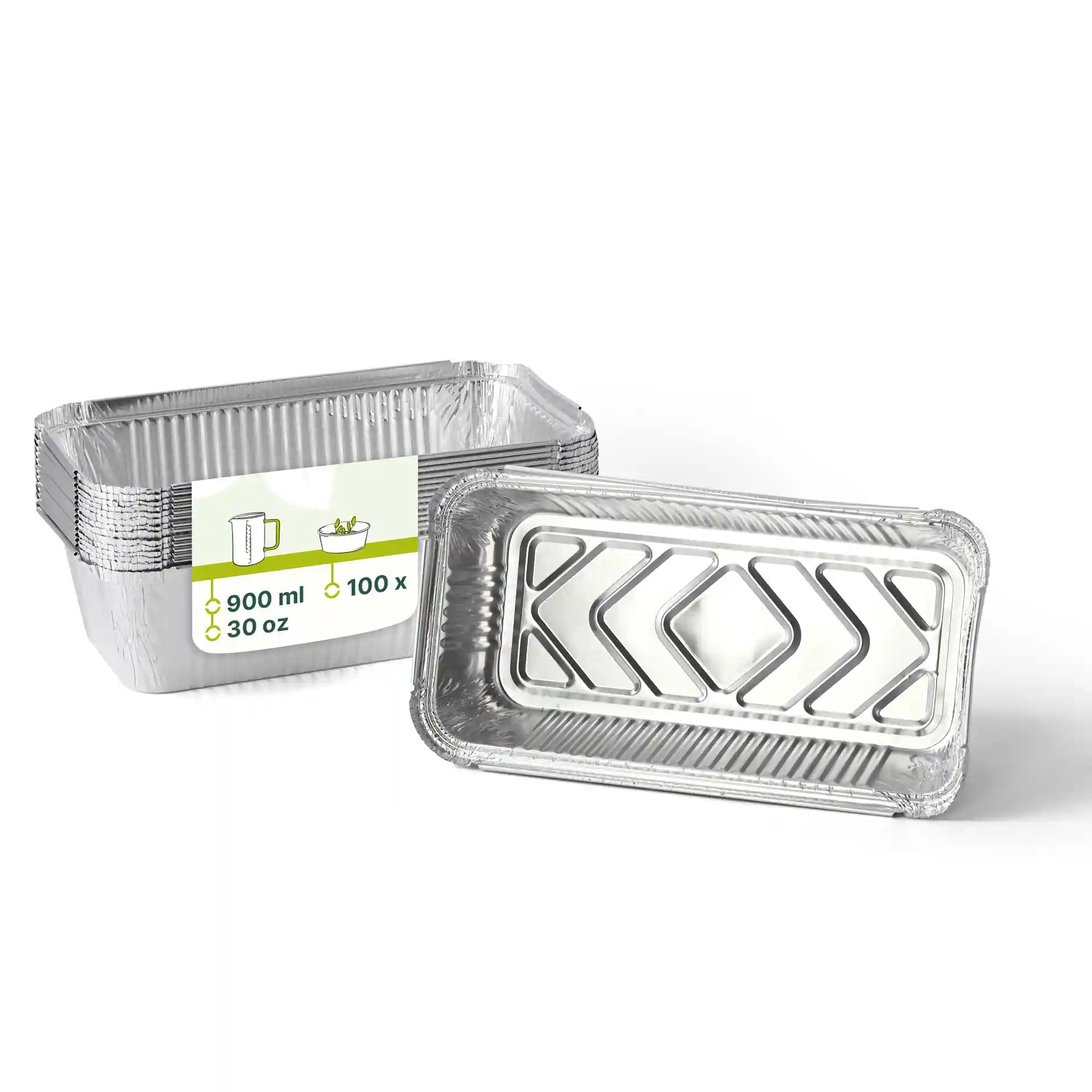 Conteneur en aluminium rectangulaire, 21,8 x 11,3 x 5,4 cm, d'une capacité de 900 ml, présenté avec plusieurs conteneurs empilés.