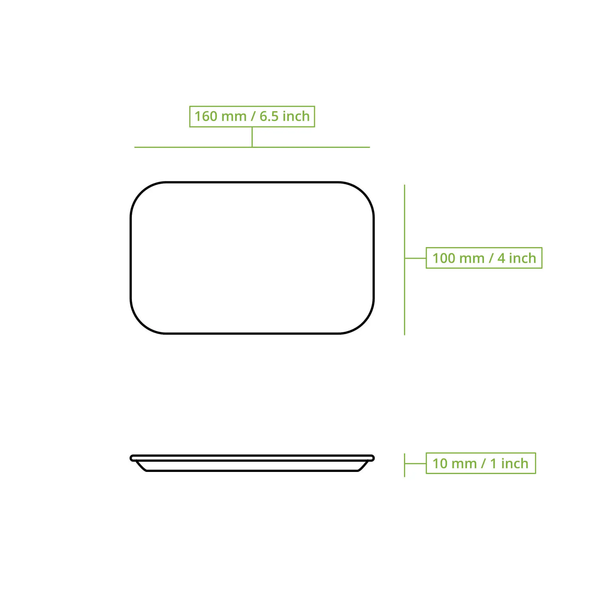 Dessin schématique d'une assiette en papier rectangulaire de 160 mm par 100 mm et d'une hauteur de 10 mm.