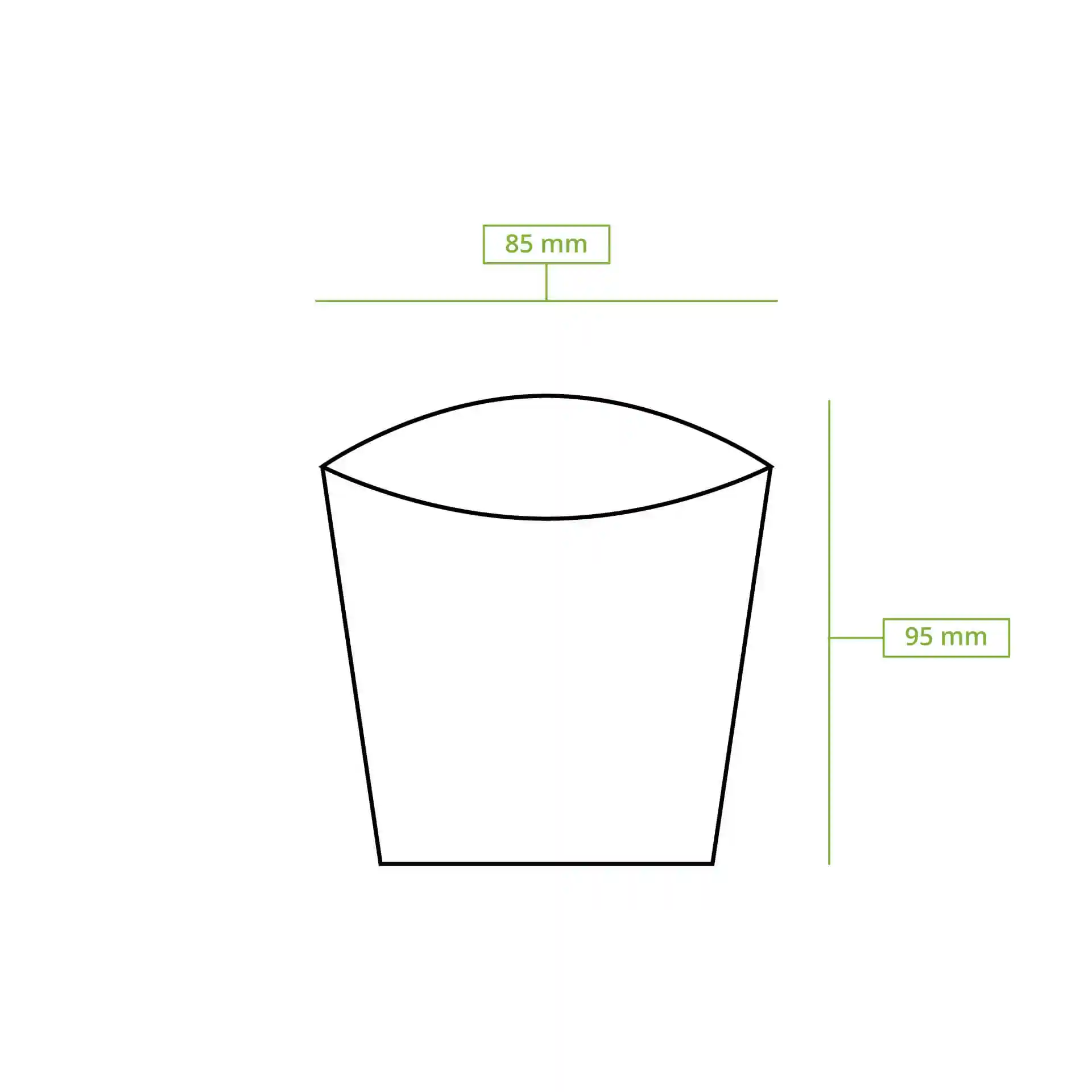 Dessin schématique d'une pelle en carton avec des dimensions de 85 mm de longueur et 95 mm de hauteur.