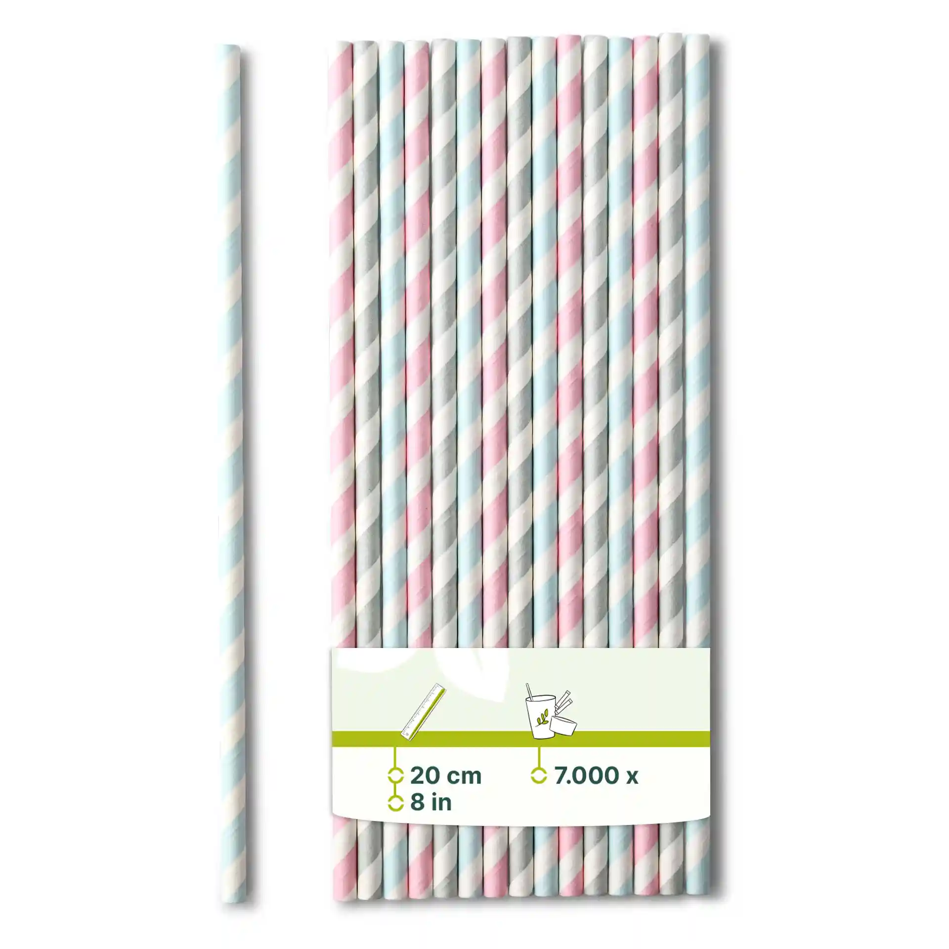 Pailles en papier rayées pastel, 20 cm de long et 0,6 cm de diamètre, regroupées avec une étiquette.