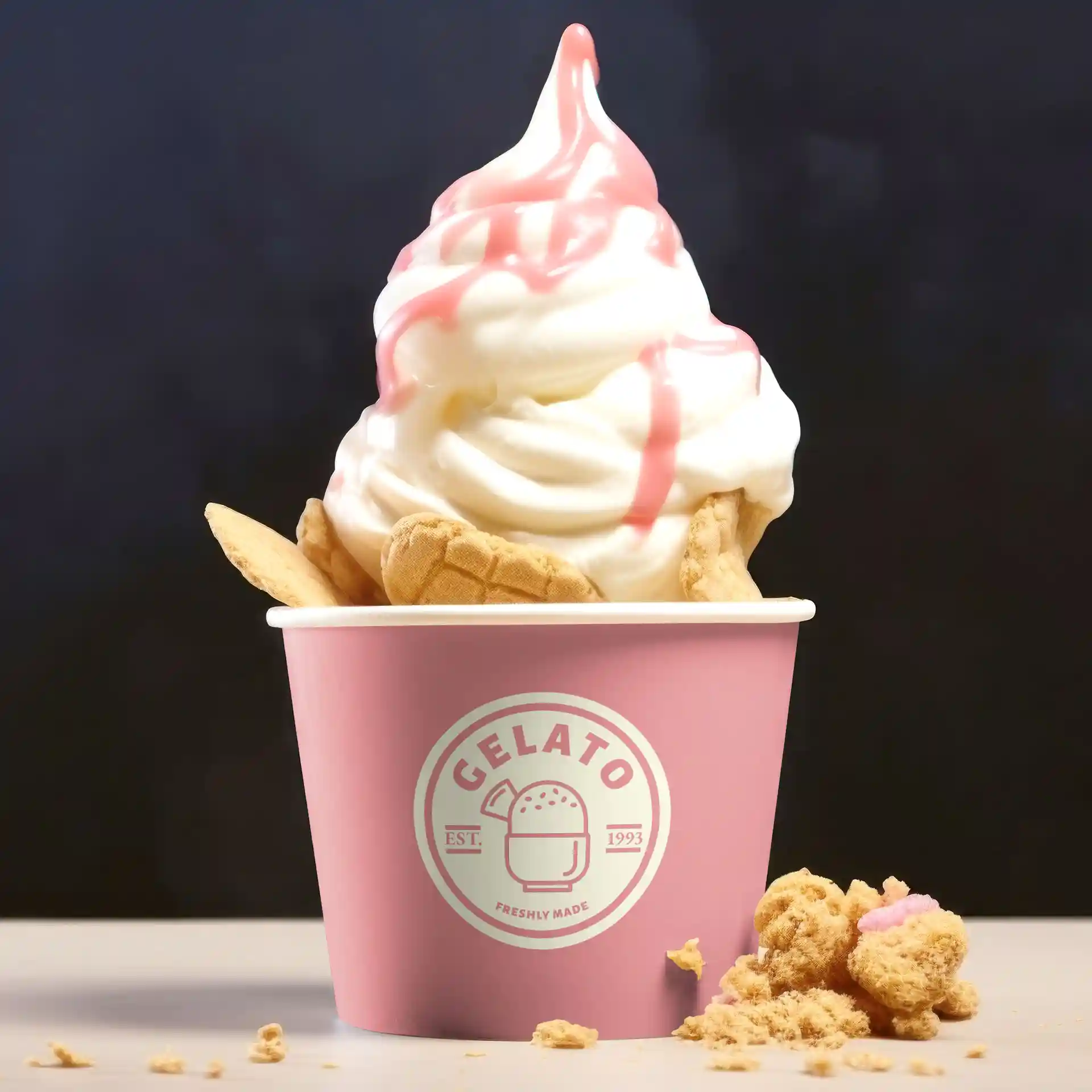 Crème glacée dans un gobelet rose avec un logo, surmontée de crème fouettée blanche et rose, avec des morceaux de biscuit à côté.