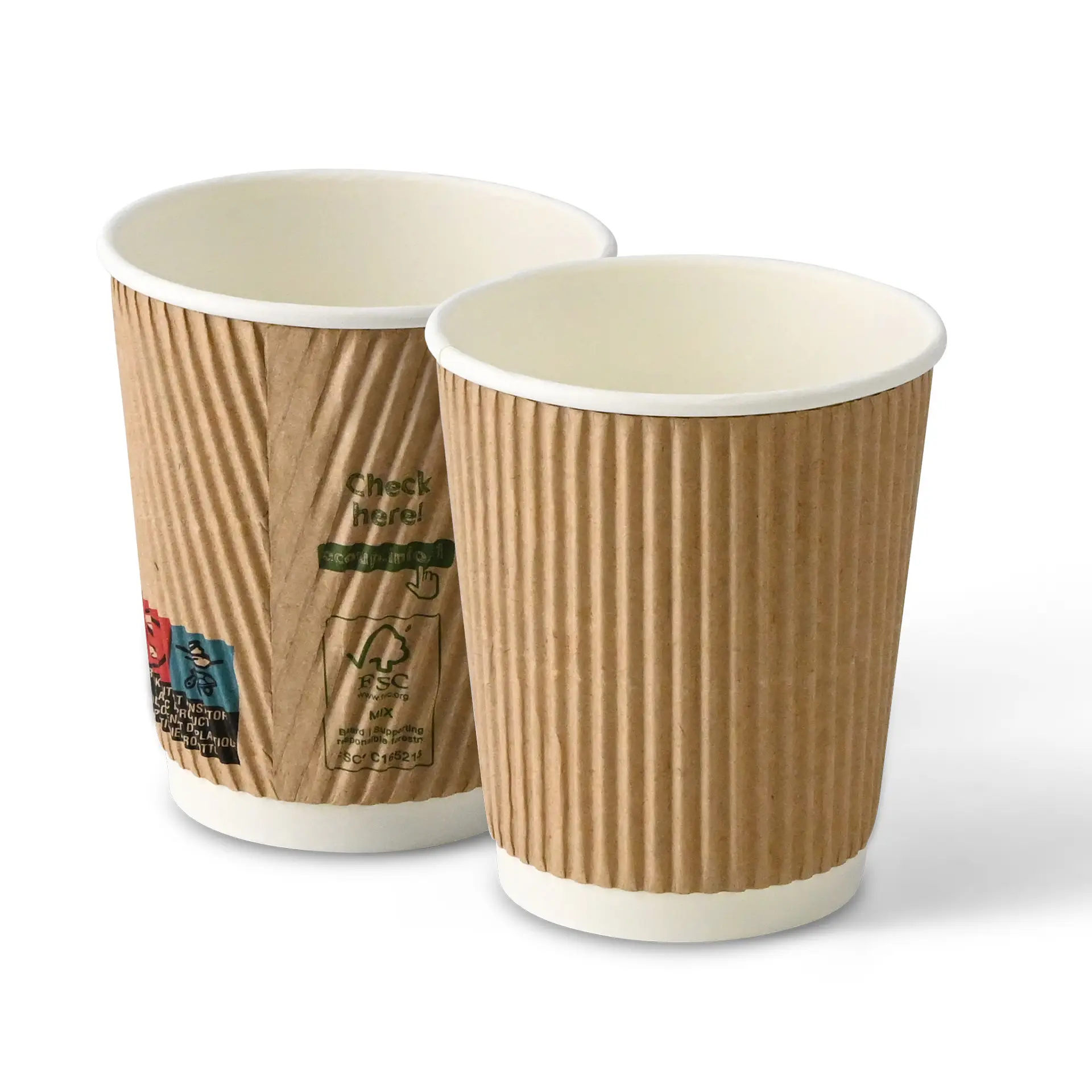 Un gobelet en papier brun à trois parois avec un design cannelé ; un autre gobelet similaire placé derrière avec un revêtement intérieur PLA visible.