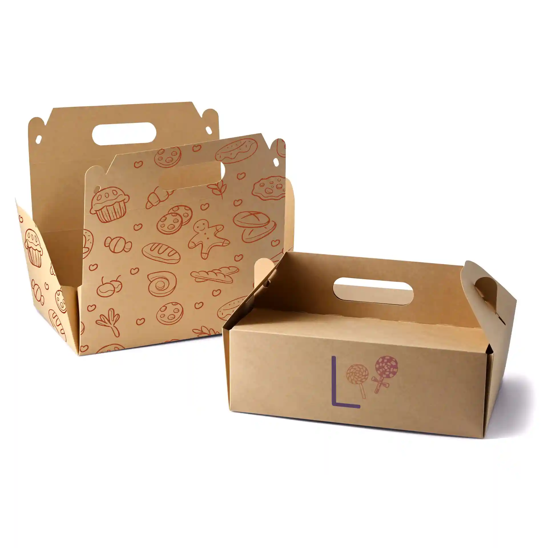 Boîtes à gâteaux brunes personnalisées avec diverses illustrations alimentaires, une boîte partiellement ouverte, dimensions 26 x 17 x 9 cm.