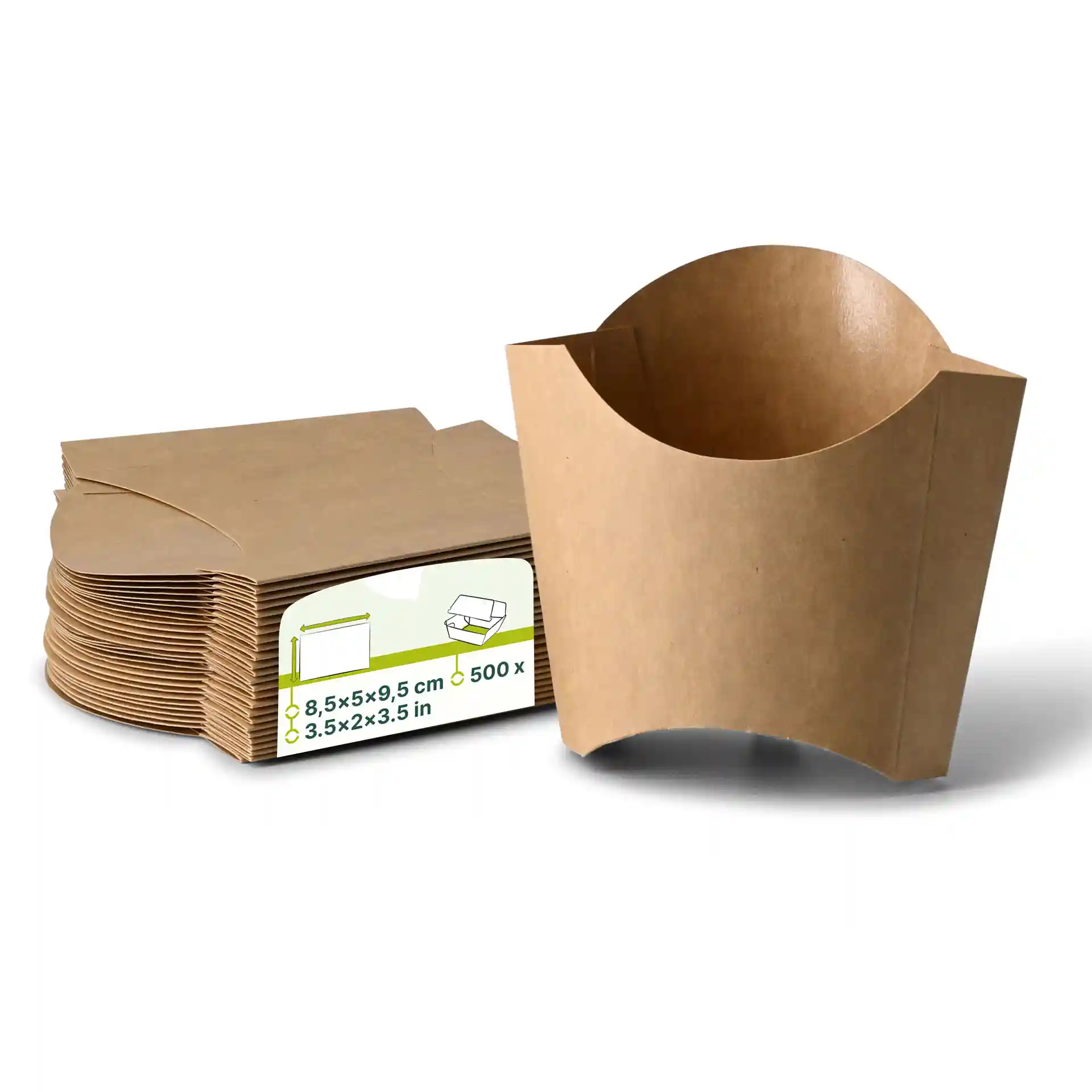 Cuillères en carton marron avec un dessus arrondi, à côté d'une pile d'articles similaires et d'une étiquette indiquant les dimensions.