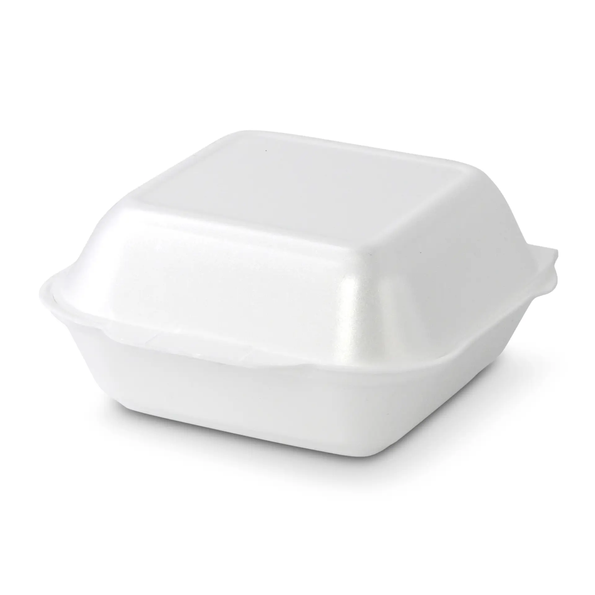 Conteneur alimentaire jetable en mousse blanche avec couvercle à charnière.