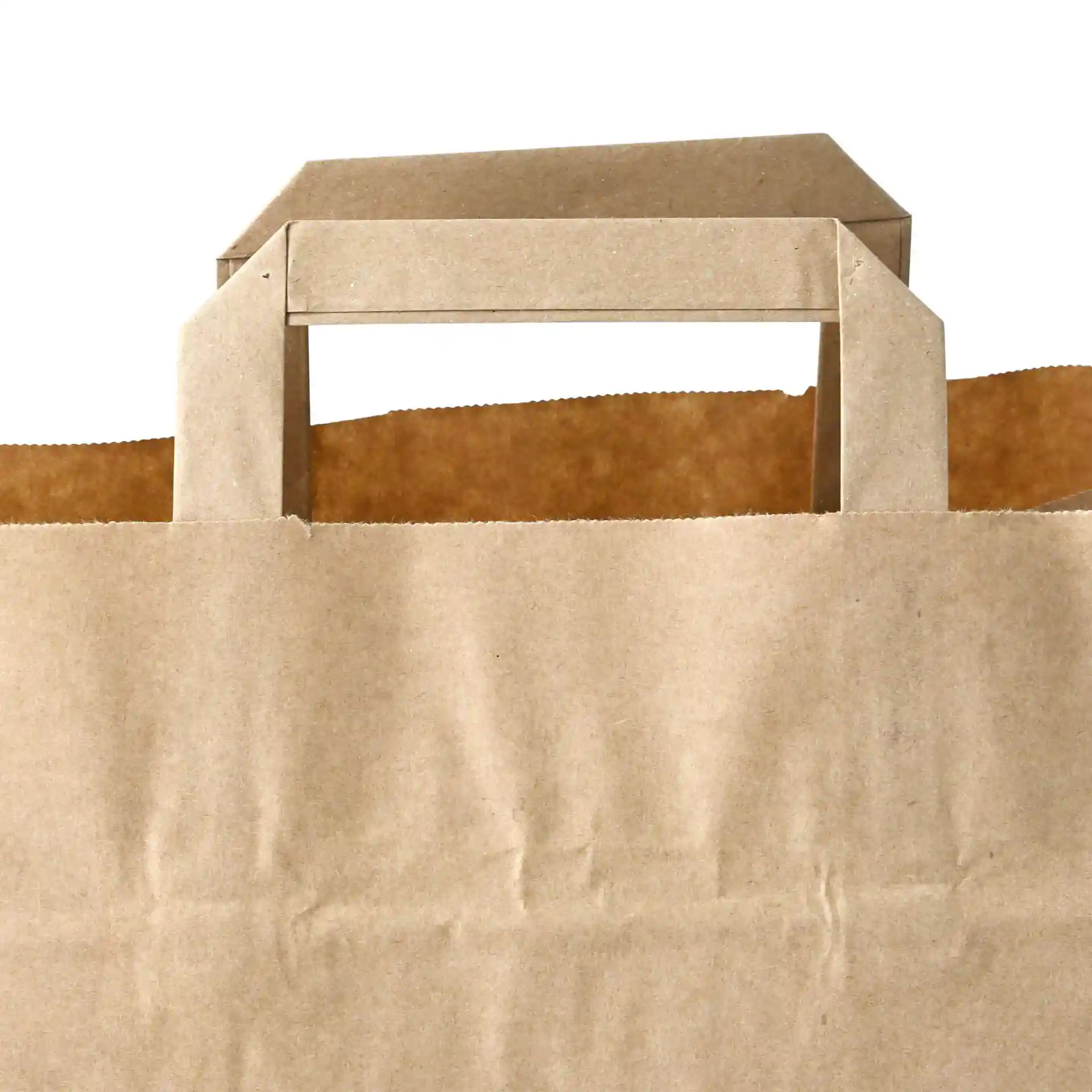 Sac en papier brun avec une poignée rectangulaire, montrant la partie supérieure et l'intérieur du sac.