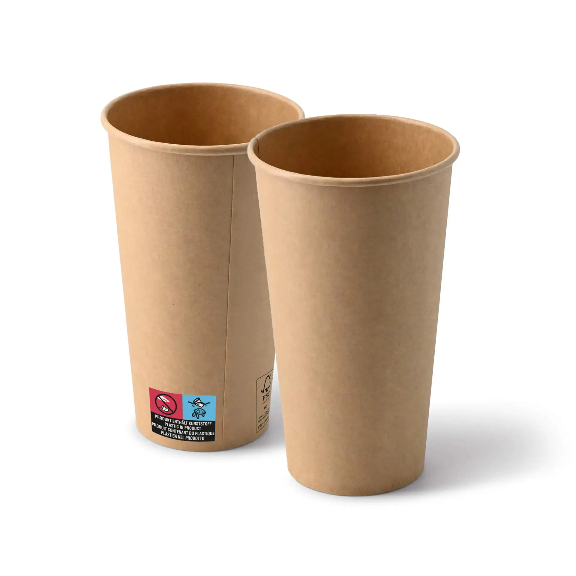 Deux gobelets en papier brun, taille 20 oz, présentés debout avec une surface enduite de PE ; idéaux pour servir des boissons comme le café et le thé.