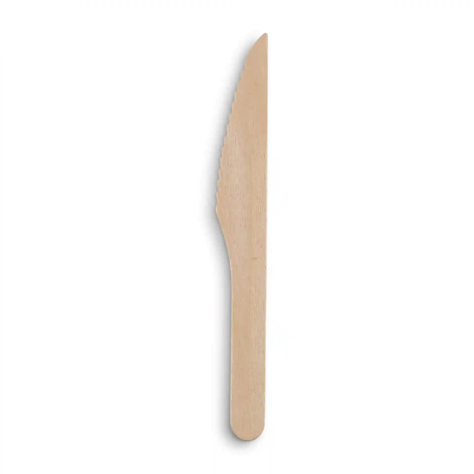 Couteau en bois mesurant 16,5 cm de long, avec une lame dentelée et une finition en bois brun.
