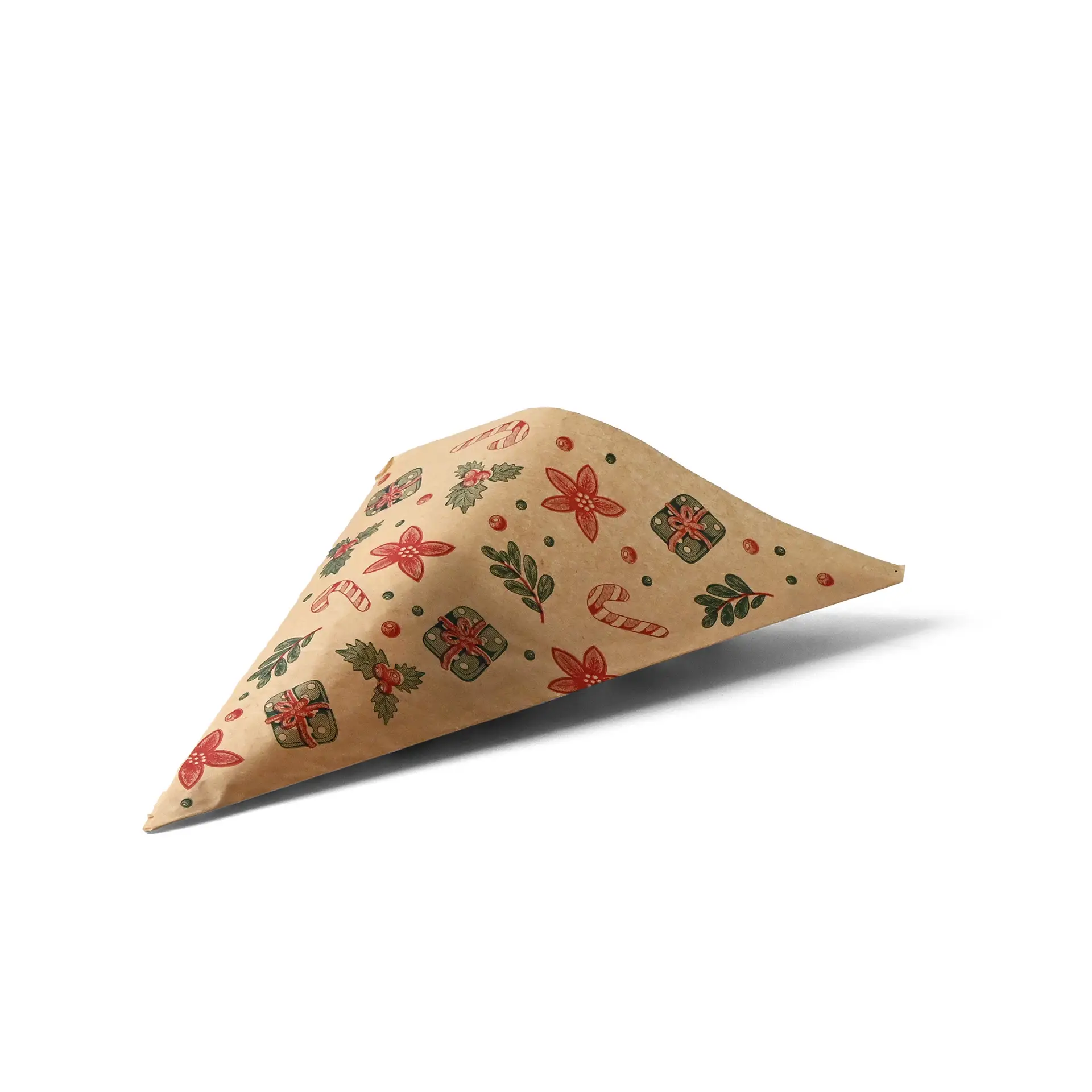 Cone en papier brun avec des motifs d'hiver incluant des fleurs, des cadeaux et des cannes en sucre.