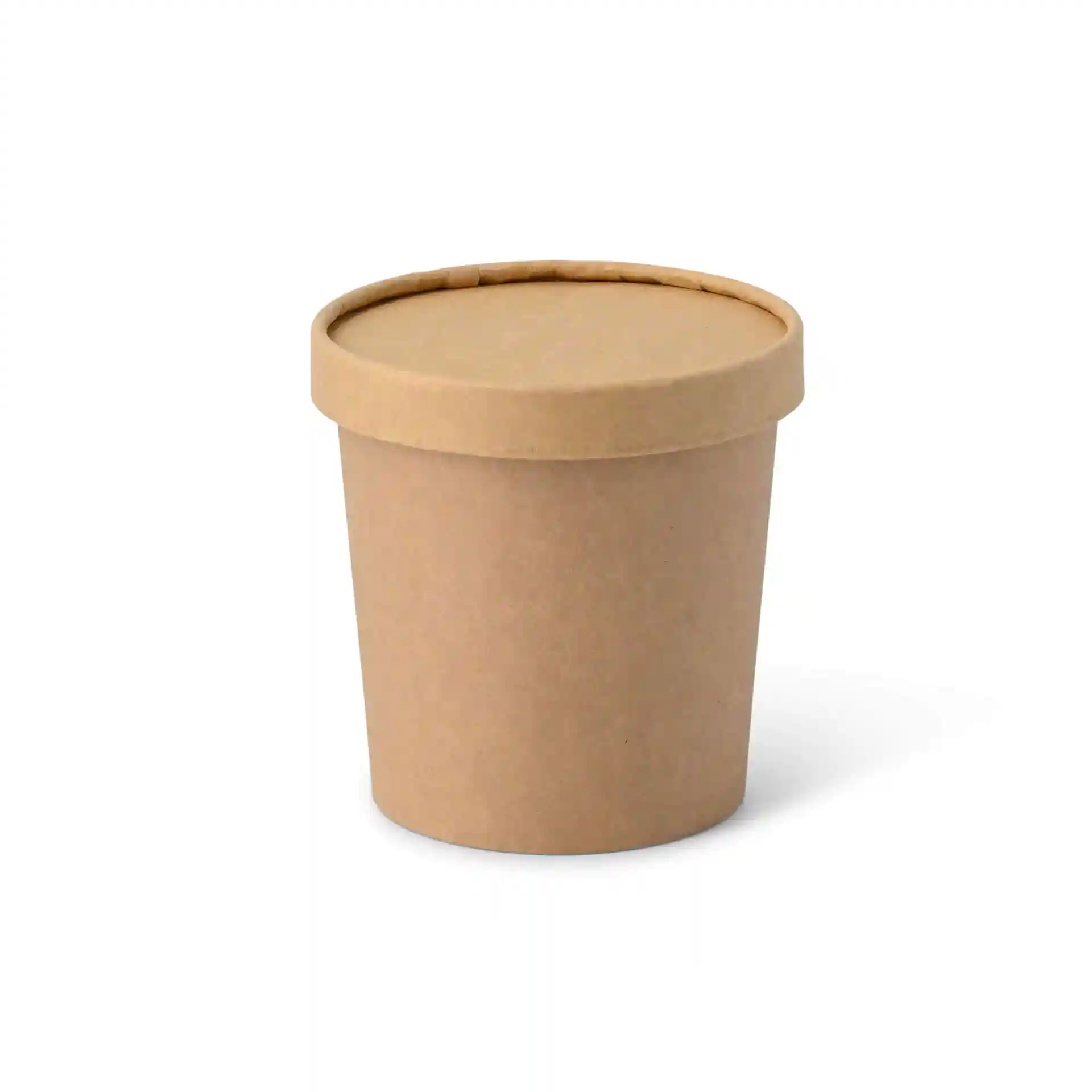 Gobelet en carton brun de forme ronde avec un couvercle ajusté, conçu pour la glace.