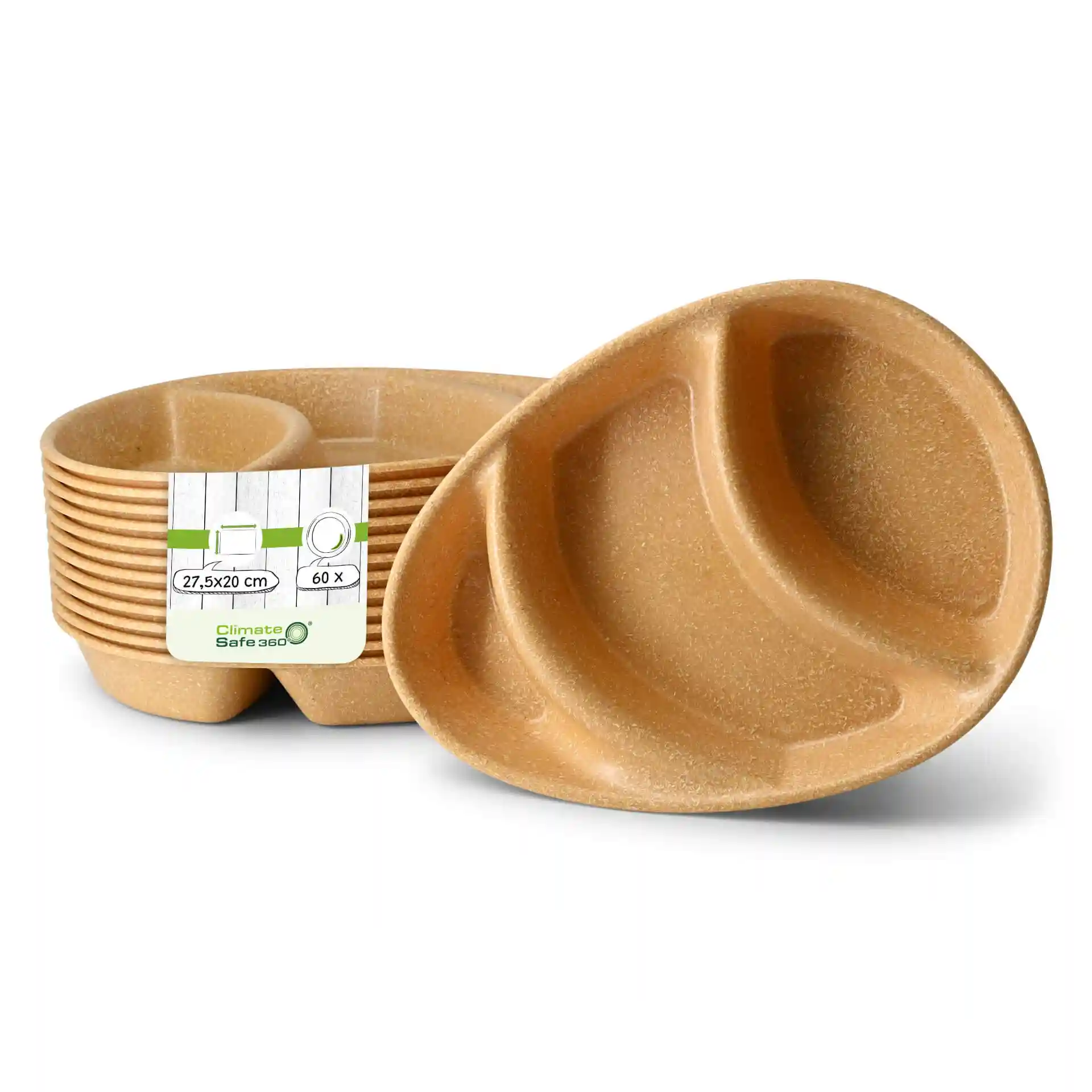 Assiette de menu réutilisable marron avec trois compartiments, mesurant 27,5 x 20 cm, empilée avec une étiquette indiquant les dimensions.
