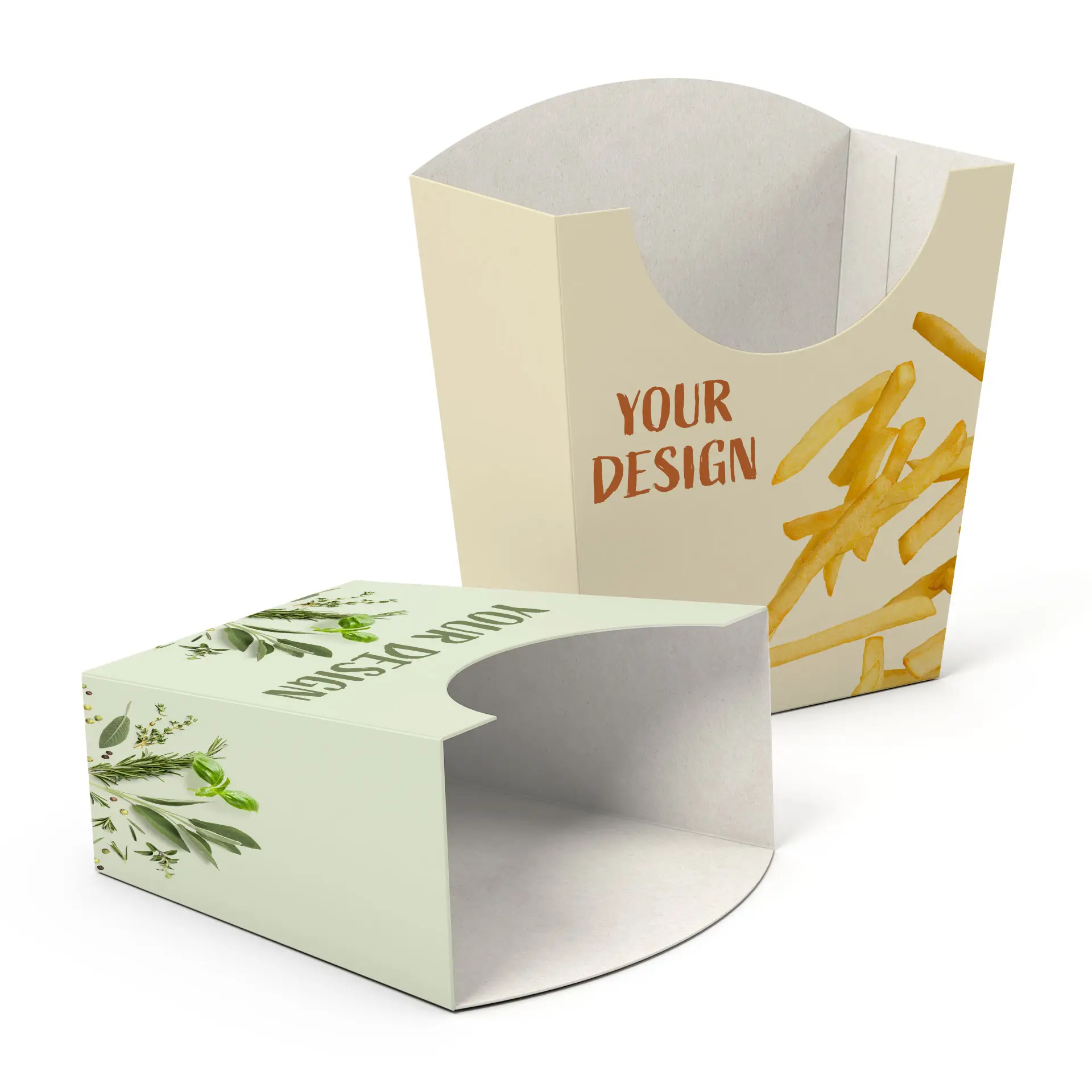 Deux cuillères à frites personnalisables en crème et vert, avec espace pour des designs. Une cuillère montre des frites, l’autre a des décorations de feuilles.