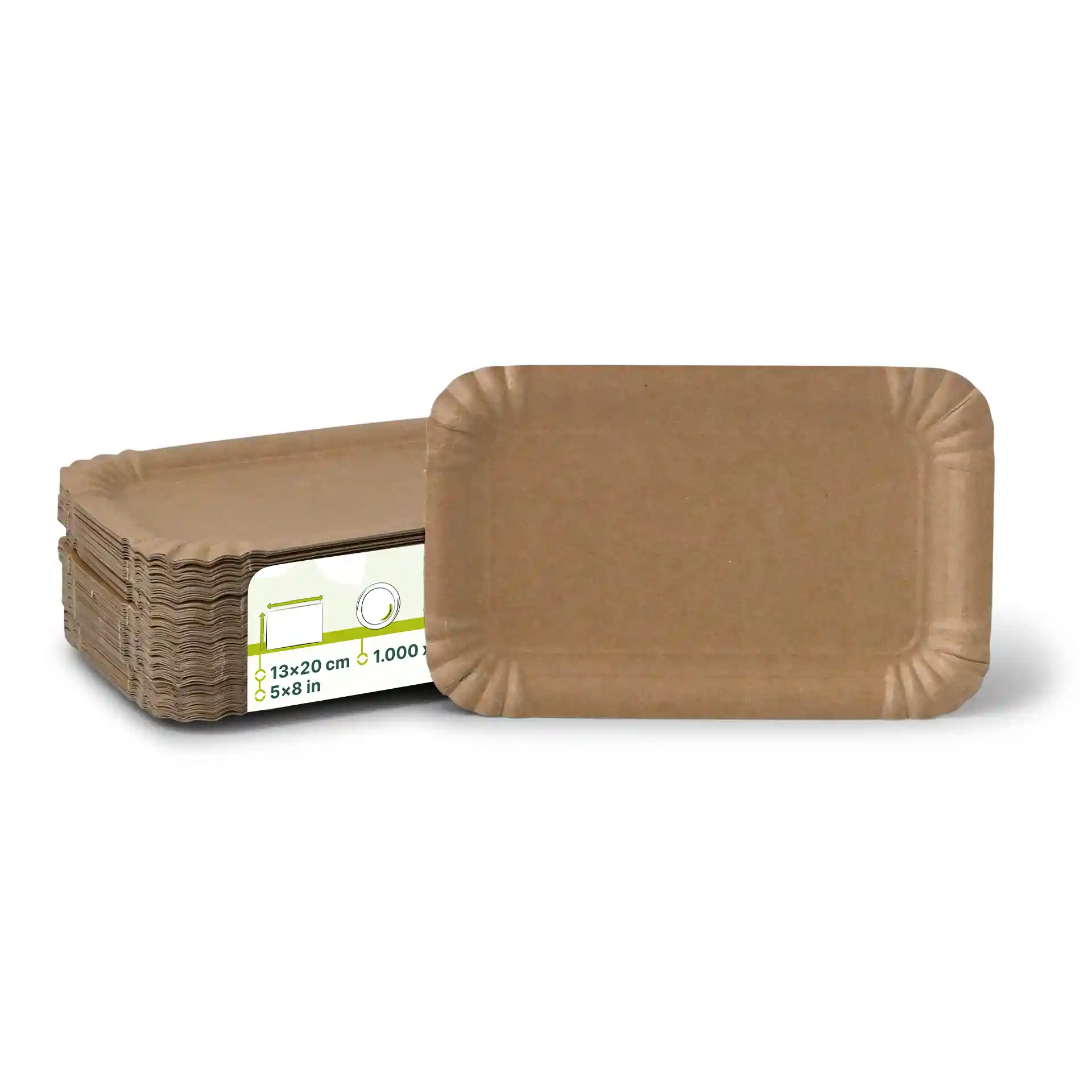 Assiettes en papier cartonné marron rectangulaires, mesurant 13 x 20 cm, empilées avec une assiette devant.