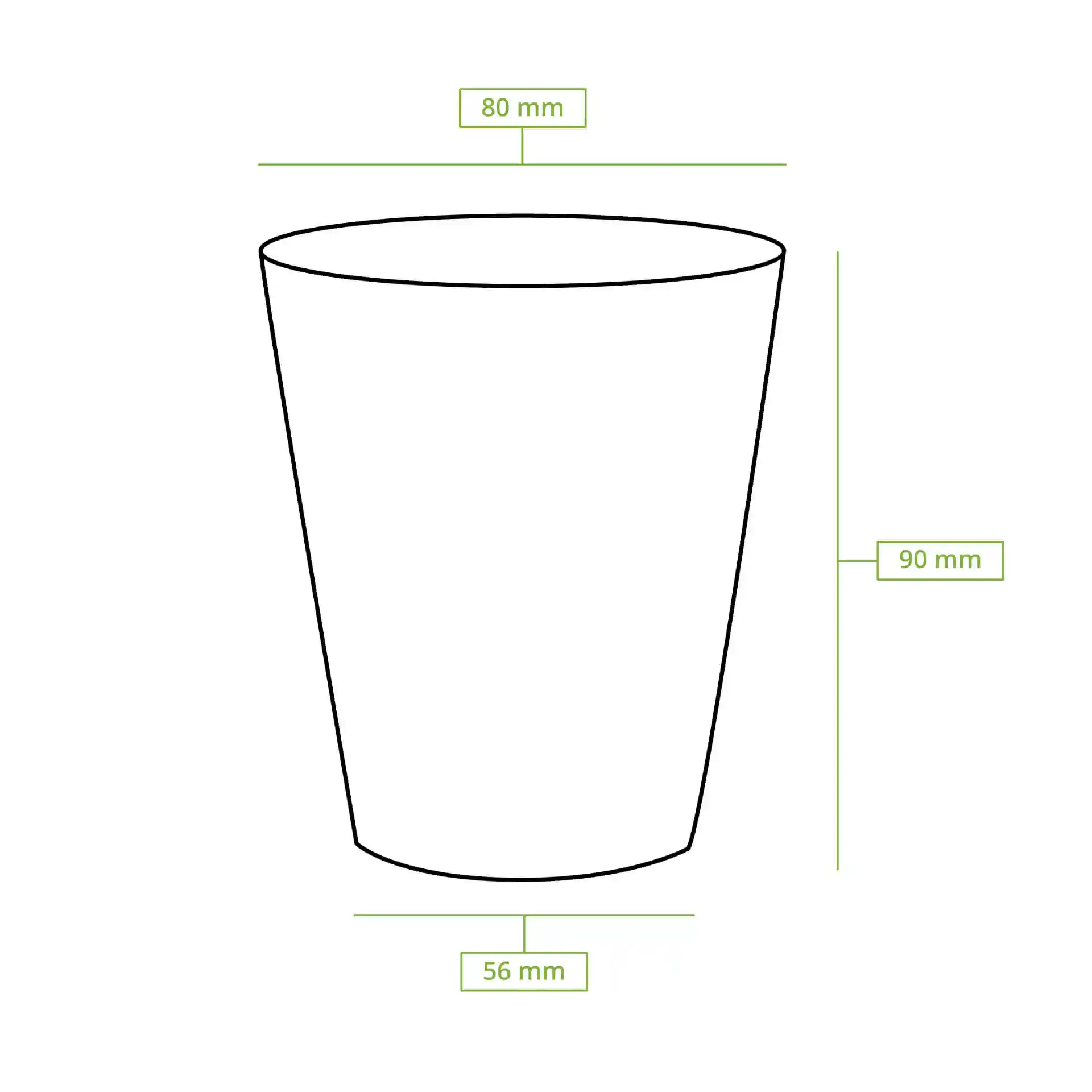 Dessin schématique d'un gobelet en papier rond avec dimensions : hauteur 90 mm, diamètre supérieur 80 mm, diamètre inférieur 56 mm.