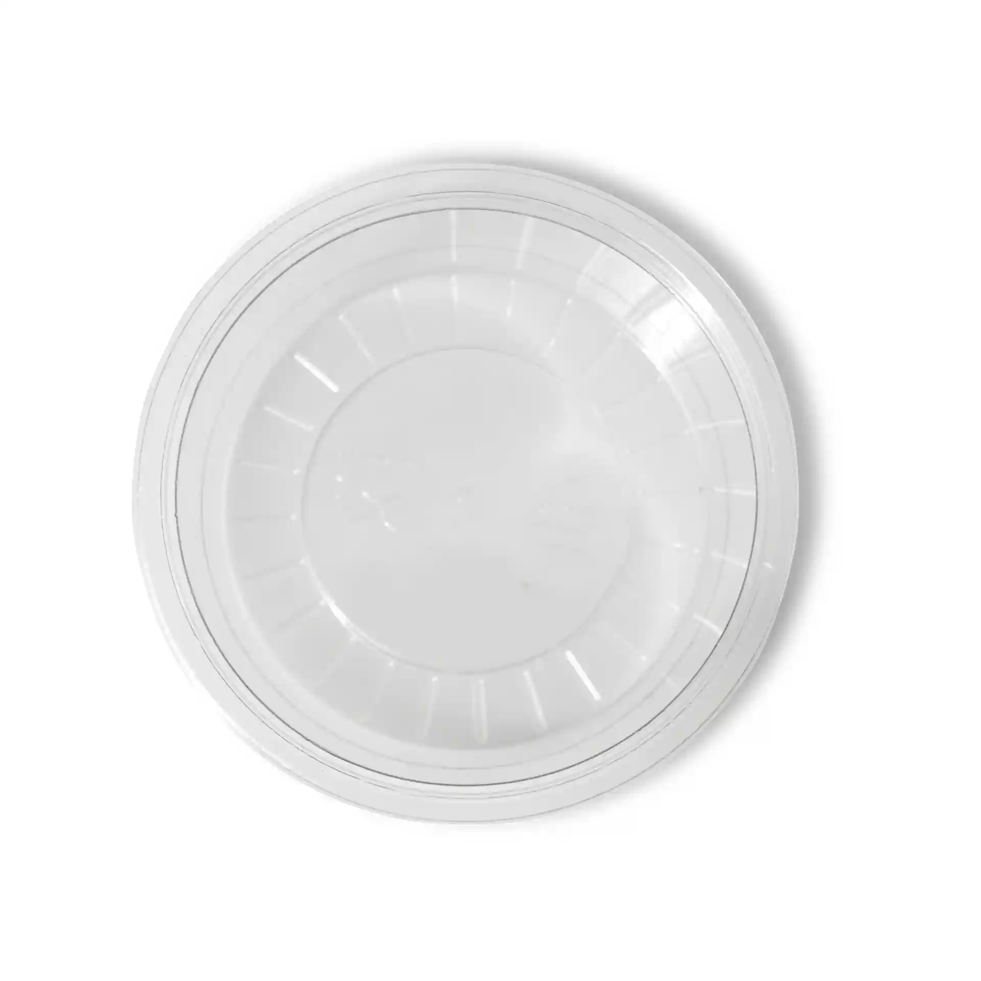 Pot à dip en rPET transparent de 75 mm de diamètre et 26 mm de hauteur, vu de dessus.