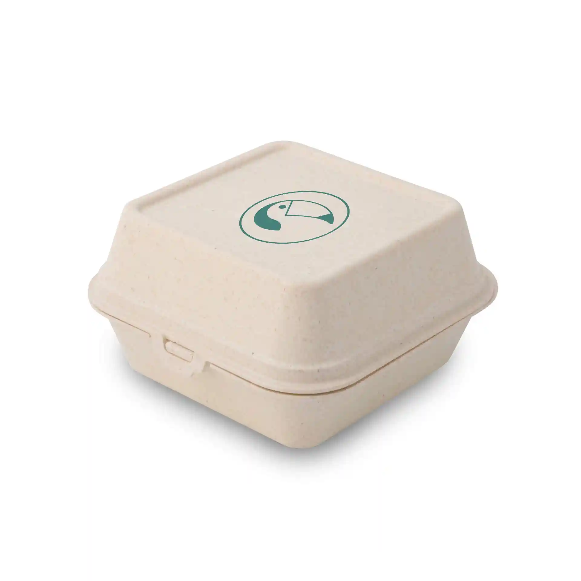 Boîte à burger rectangulaire crème blanche avec logo de toucan imprimé, mesurant 16 x 15 x 8,5 cm.