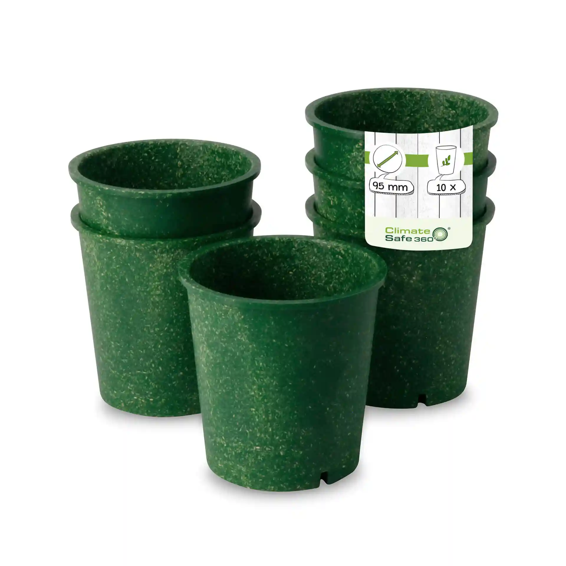 Ensemble de quatre gobelets réutilisables verts d'un diamètre de 95 mm et d'une hauteur de 100 mm, avec une étiquette portant des marques.