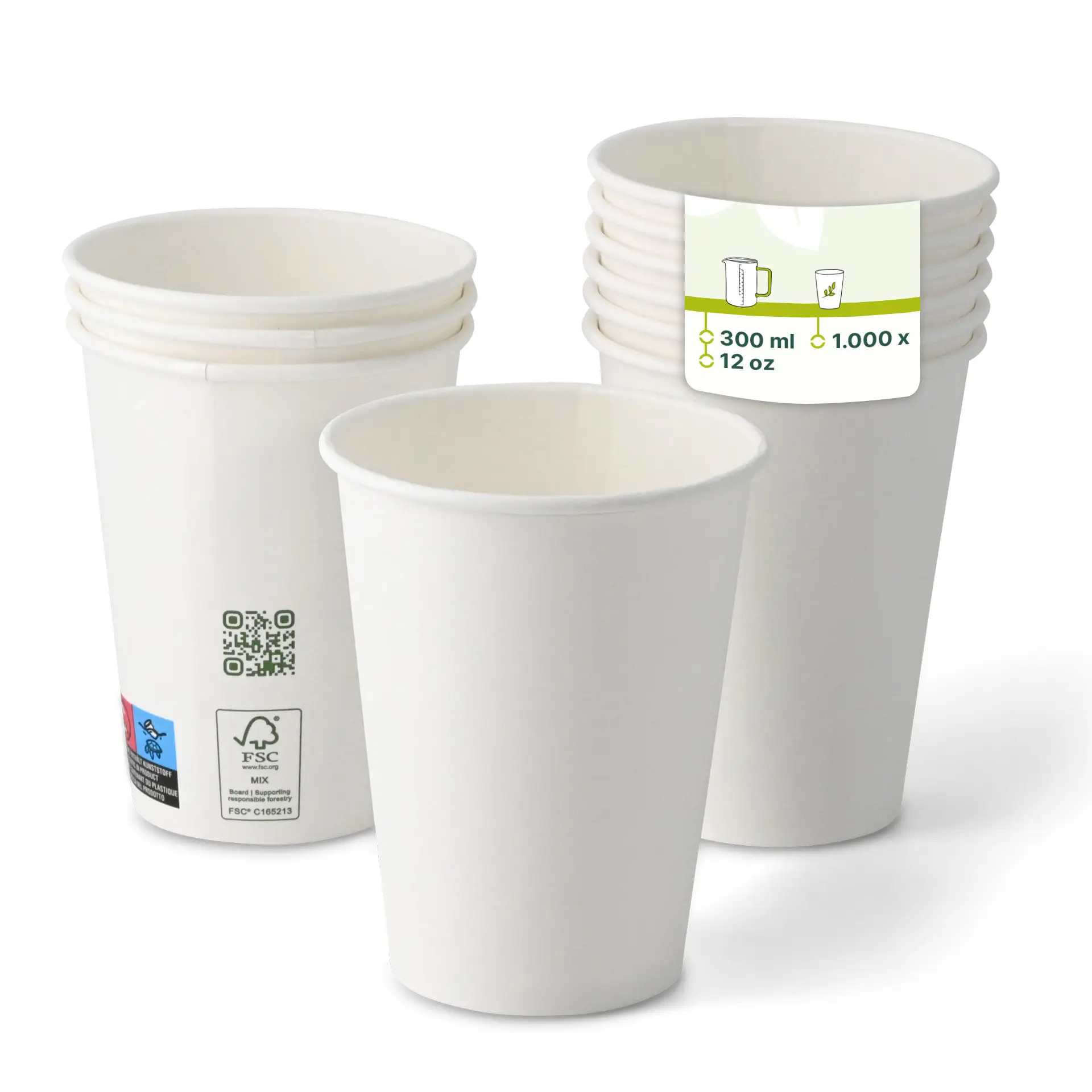 Un gobelet en papier blanc recouvert de PLA, taille de 300 ml ; plusieurs gobelets similaires empilés derrière ; design écologique avec QR code.