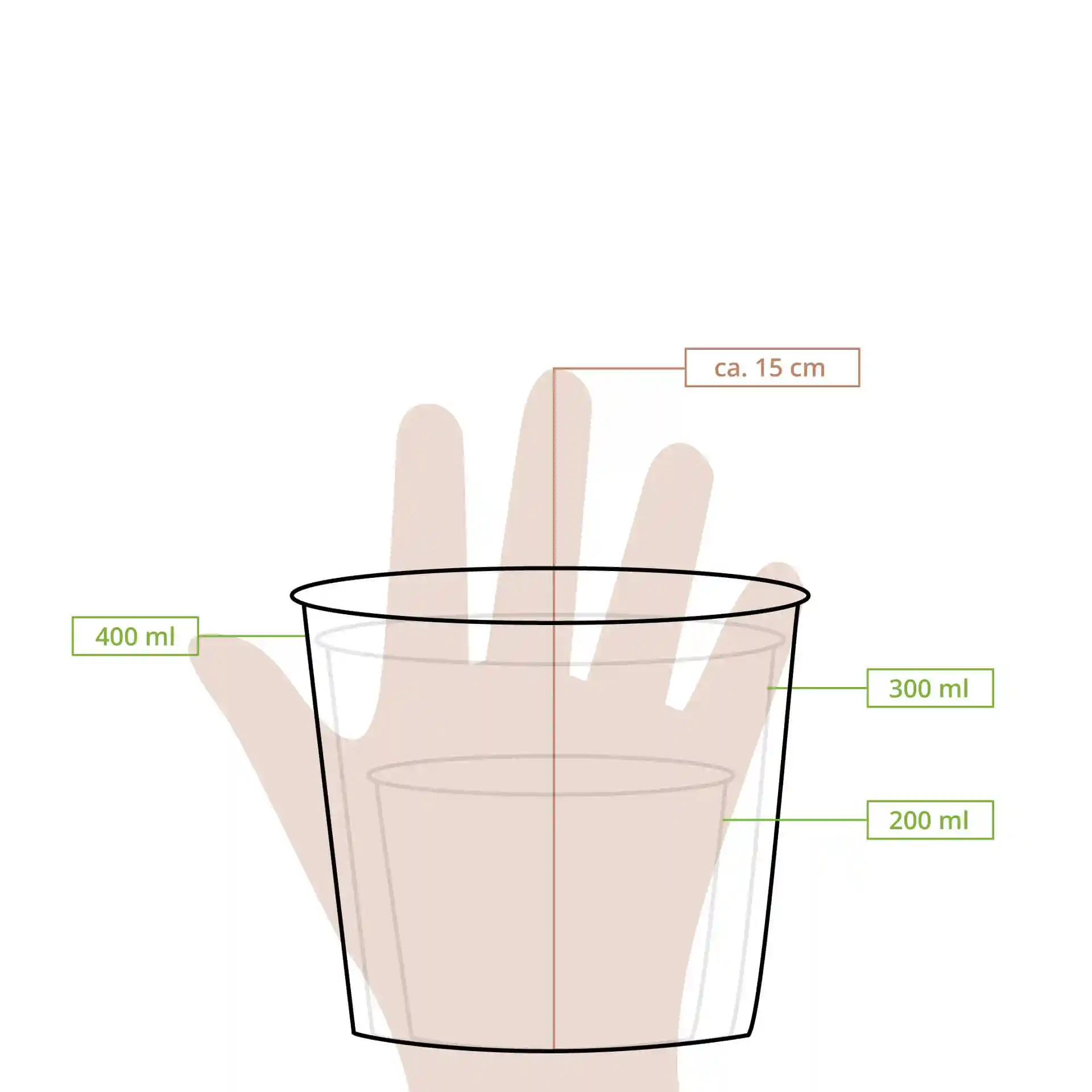 Dessin schématique d'un contenant à soupe à emporter marron avec des lignes de mesure indiquant les niveaux de remplissage de 200 ml, 300 ml et 400 ml.