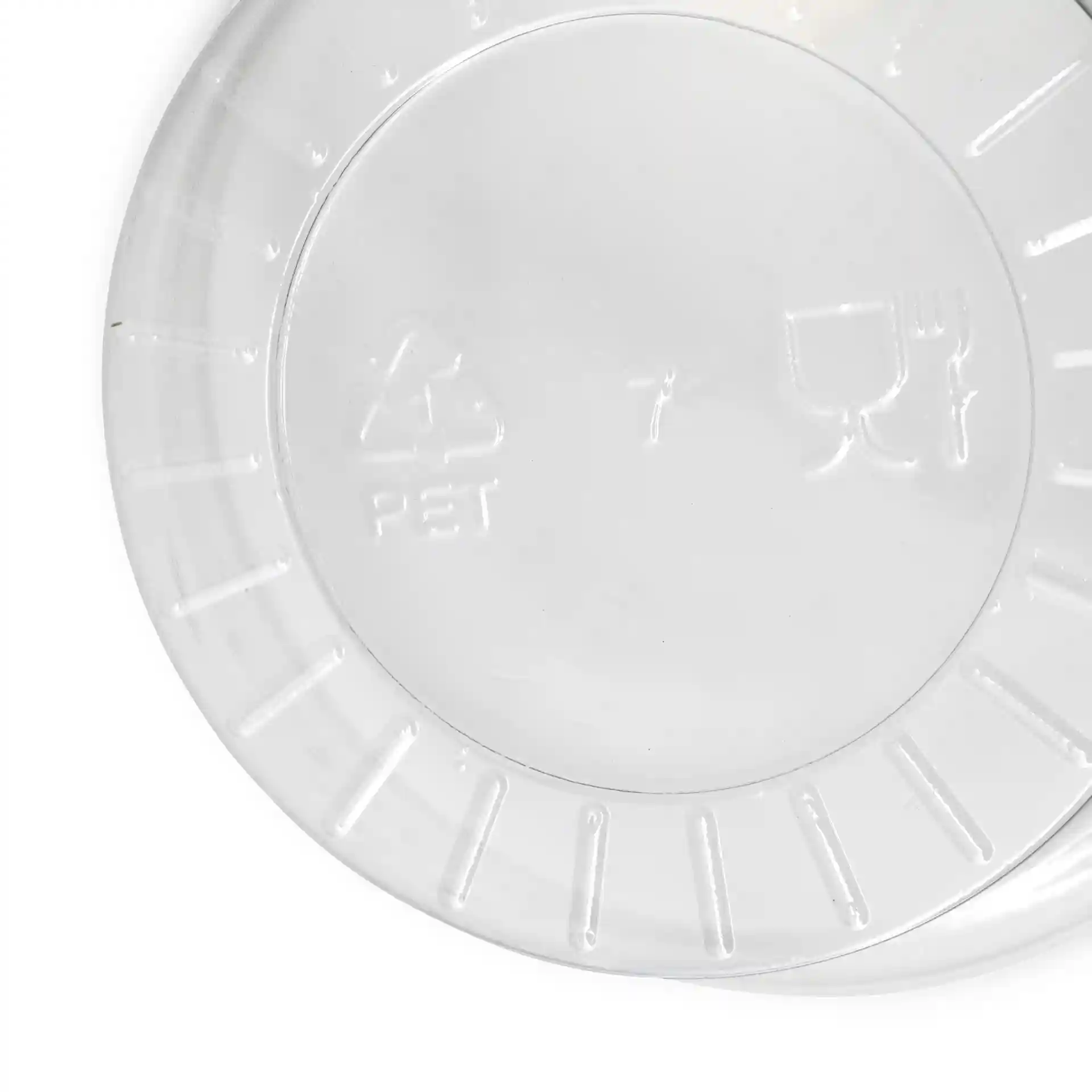 Pot à dip rPET transparent de 75 mm de diamètre et 26 mm de hauteur, avec des symboles de recyclage en relief.