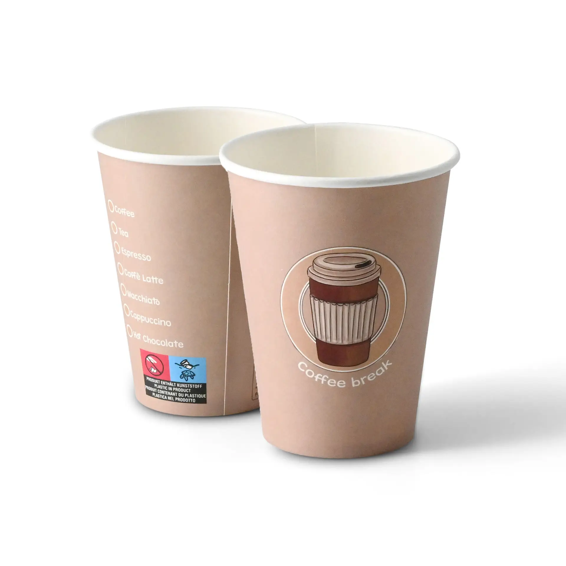 Deux gobelets en papier de 12 oz avec un design imprimé, présentant une illustration de tasse à café et le texte "pause café".