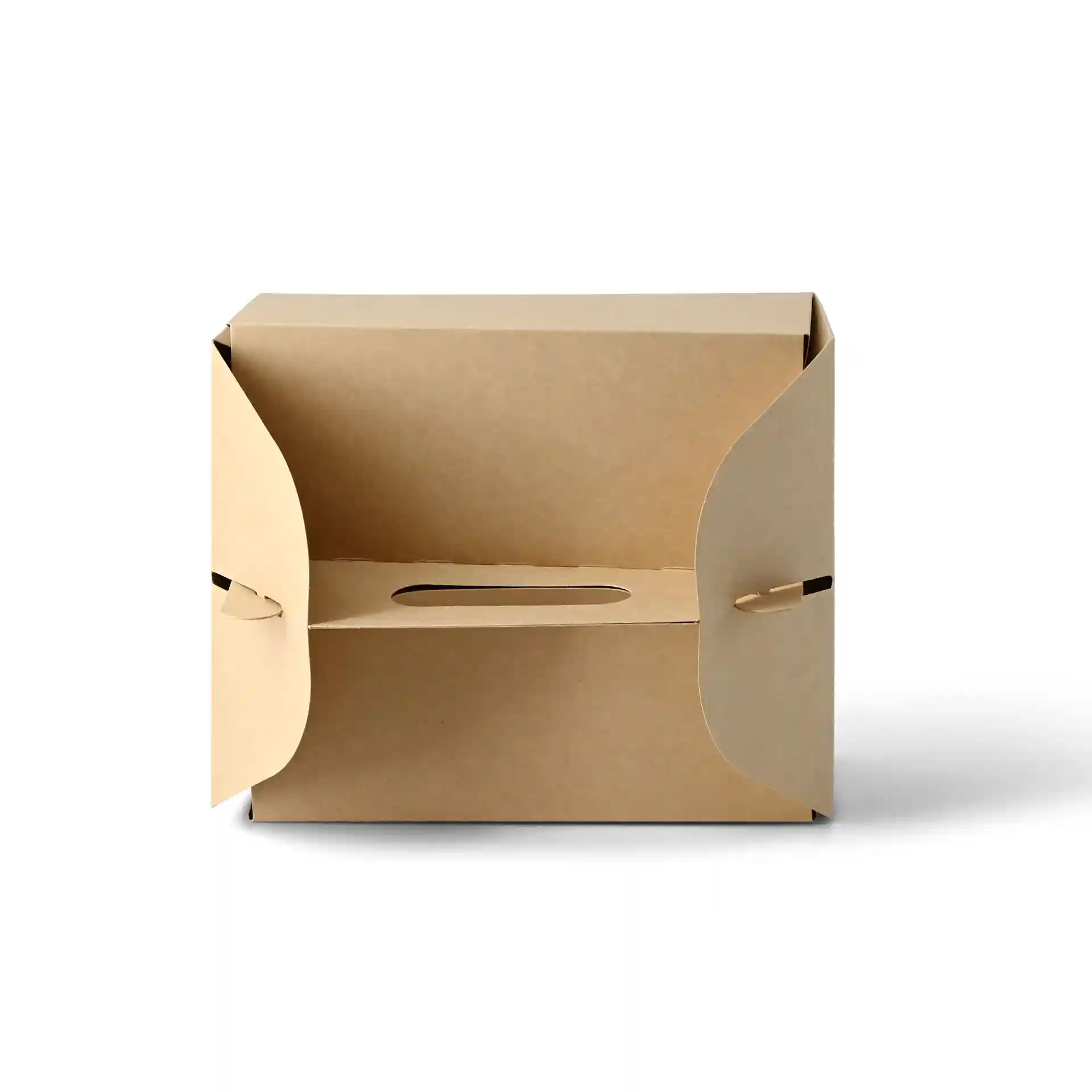 Boîte à pâtisserie en carton rectangulaire marron avec poignée, mesurant 21 x 17 x 9 cm, montrée ouverte.