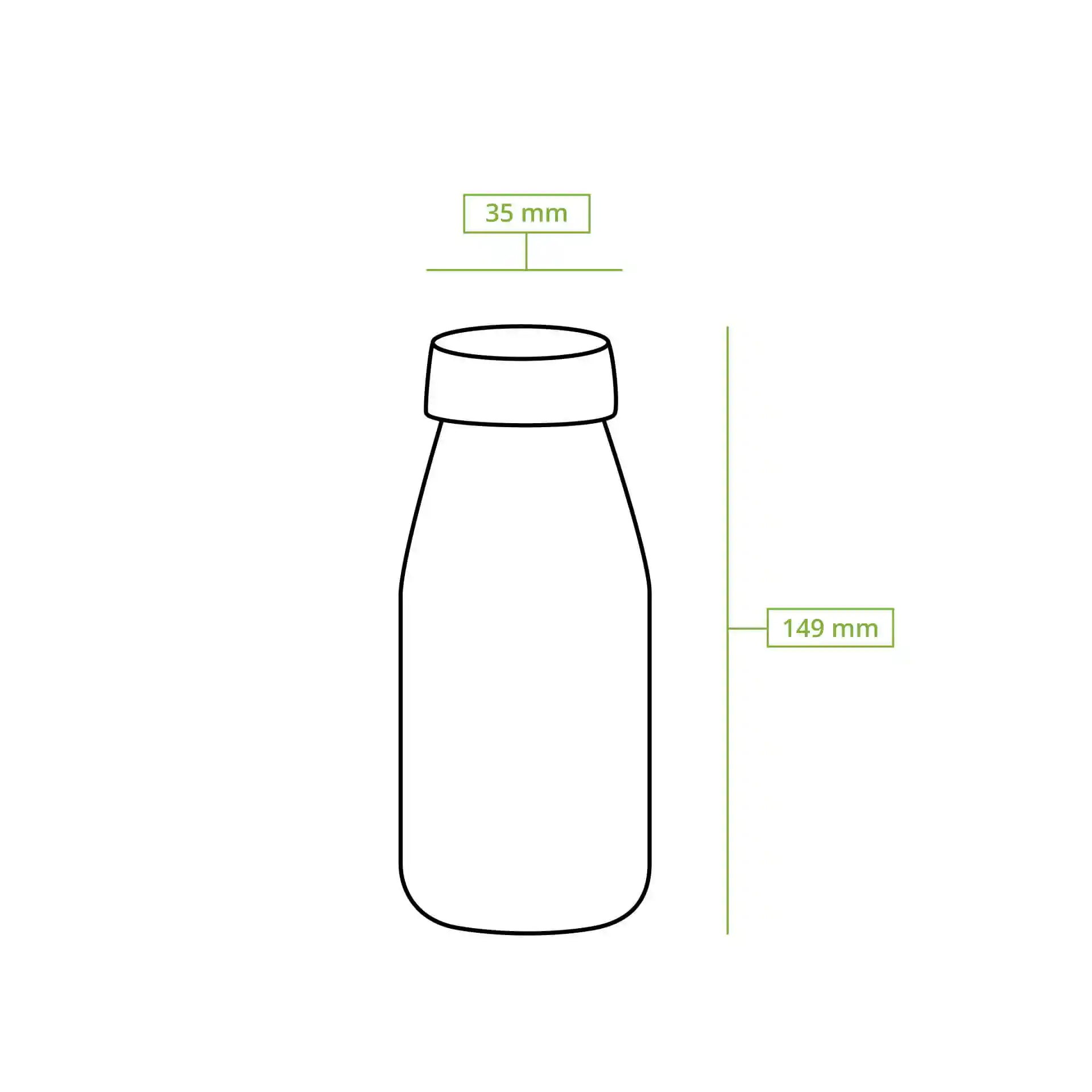 Dessin schématique d'une bouteille rPET transparente avec un couvercle noir, montrant des dimensions de 35 mm et 149 mm.