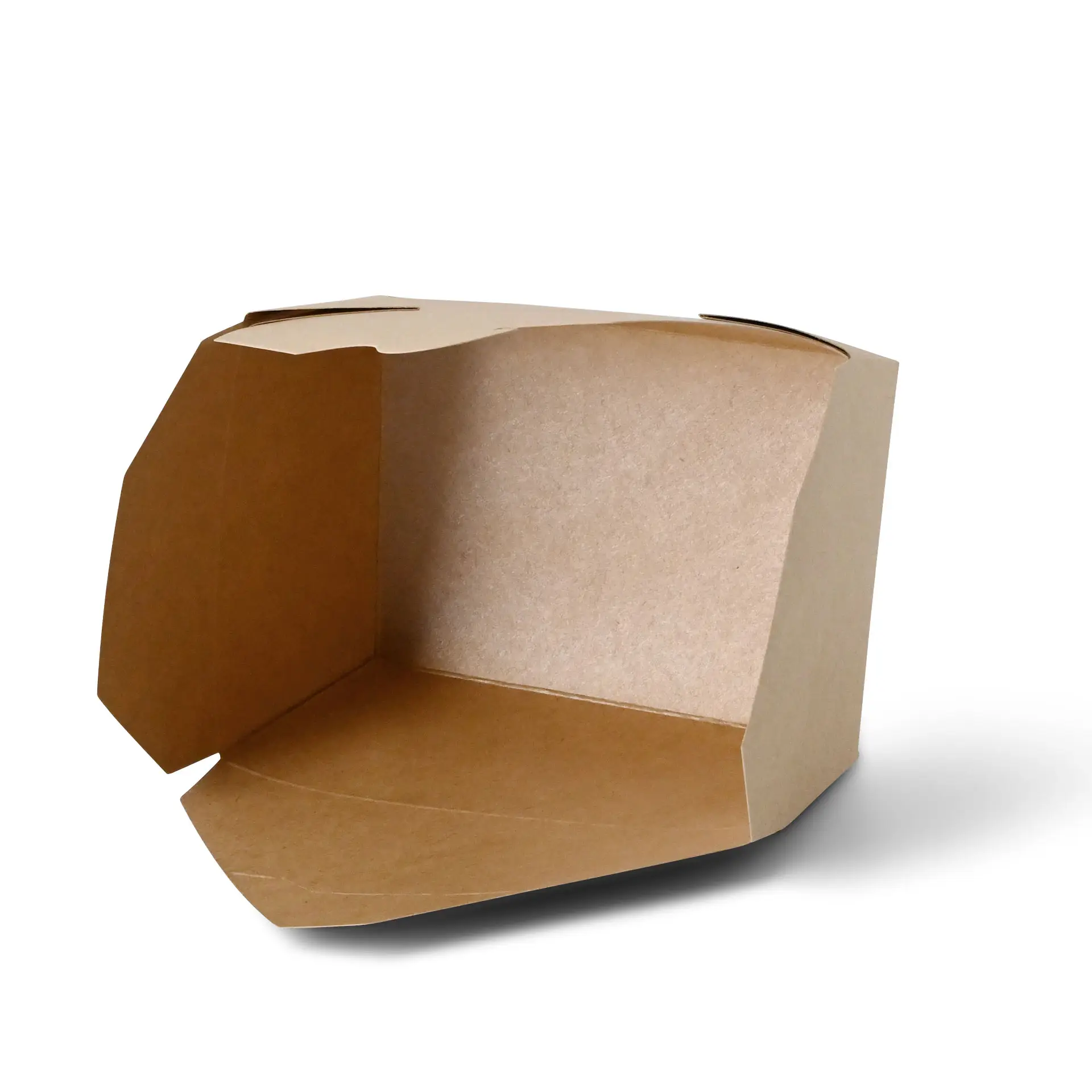 Boîte à emporter en carton brun avec un couvercle pliable, adaptée à différents aliments ; présentée en position ouverte.