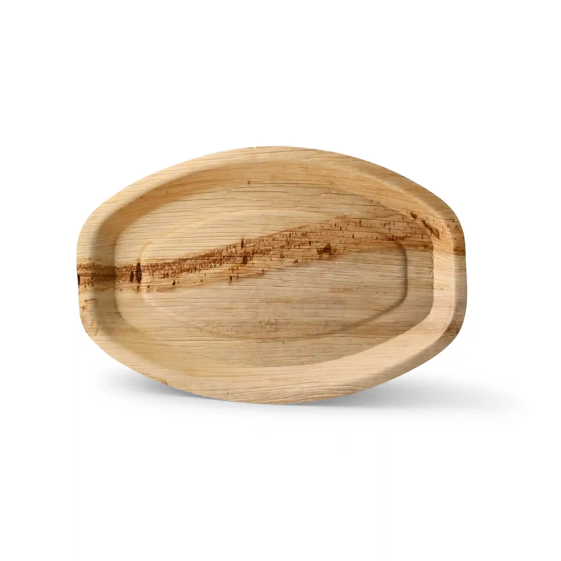 Plateau rectangulaire en feuille de palmier avec finition en grain naturel, mesurant 38 x 25,5 cm.