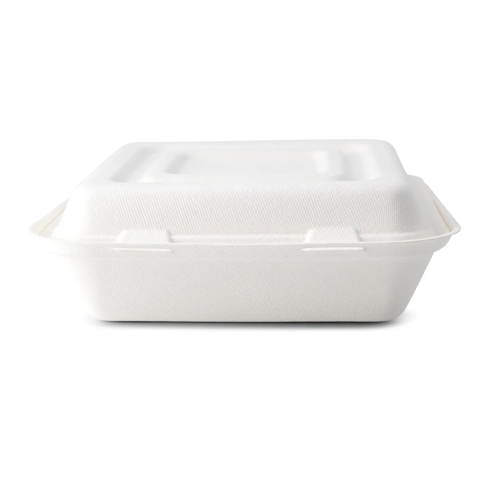 Boîte repas en bagasse, 23,5 x 23,5 x 8 cm, 3 compartiments, couvercle à charnière, rectangulaire